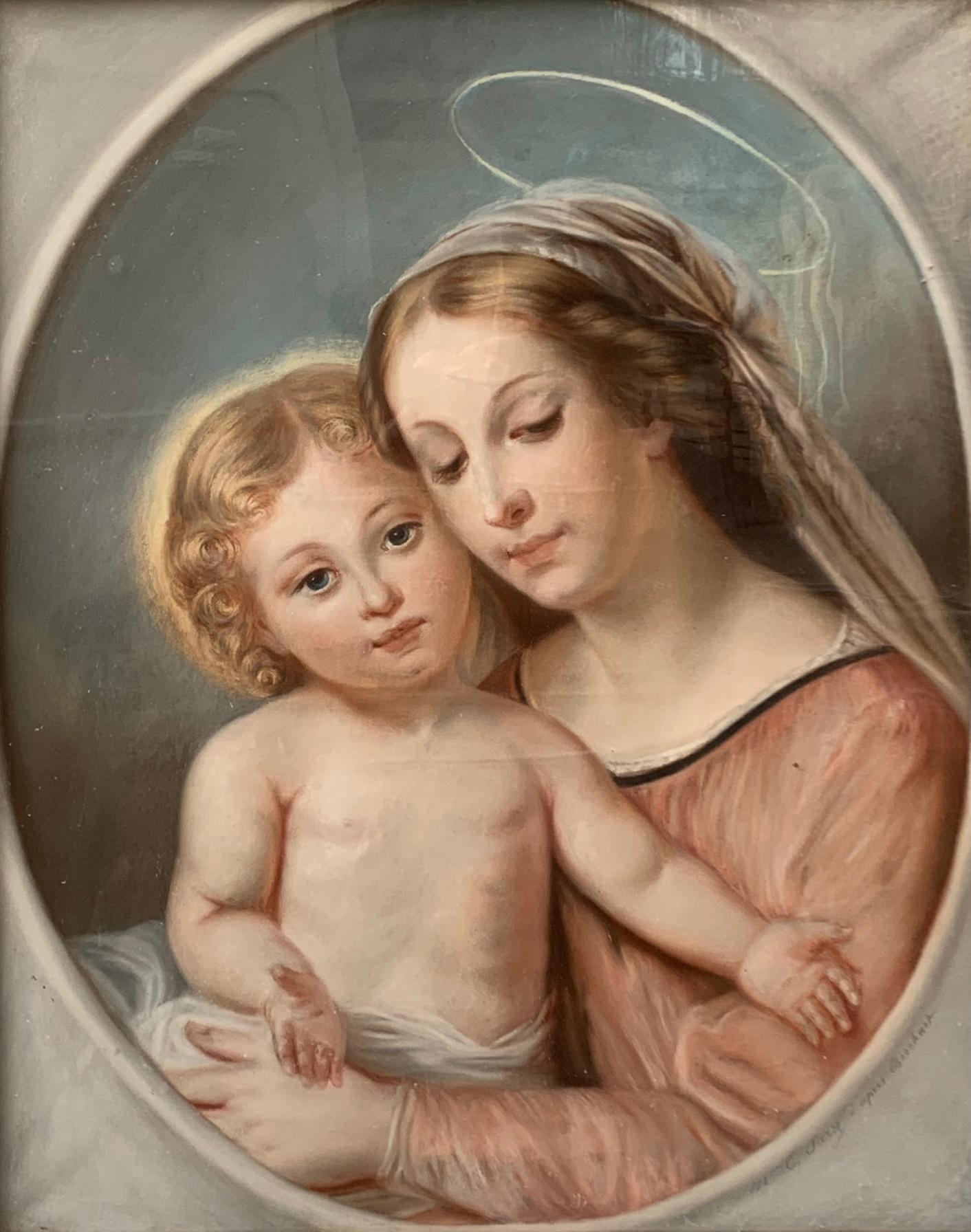 Canvas French 19th Century Pastel with Virgin Mary and Jesus Child 