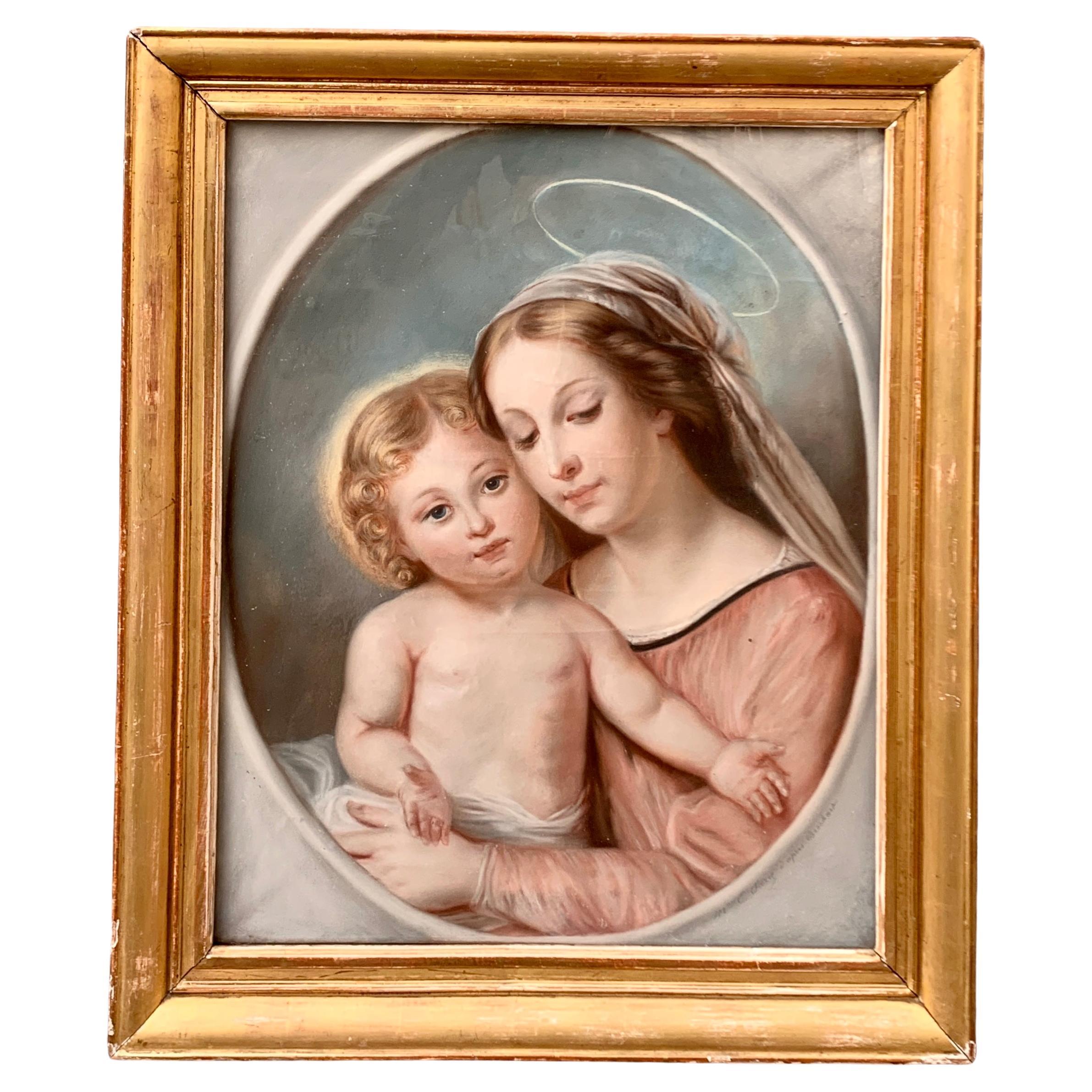 French 19th Century Pastel with Virgin Mary and Jesus Child 