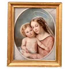 Antique French 19th Century Pastel with Virgin Mary and Jesus Child 