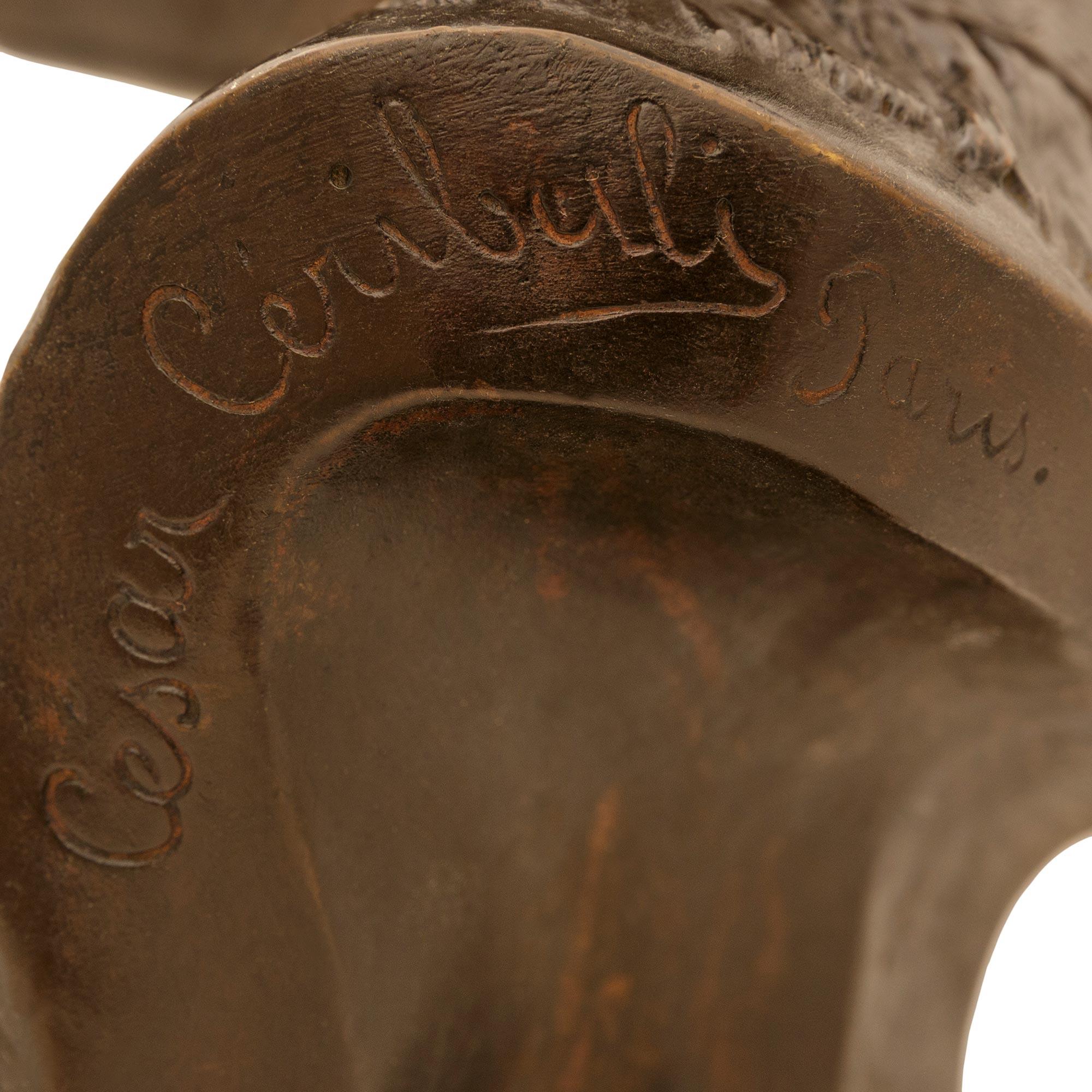 French 19th century patinated Bronze and Oak bust signed Cesar Ceribelli, Paris For Sale 3