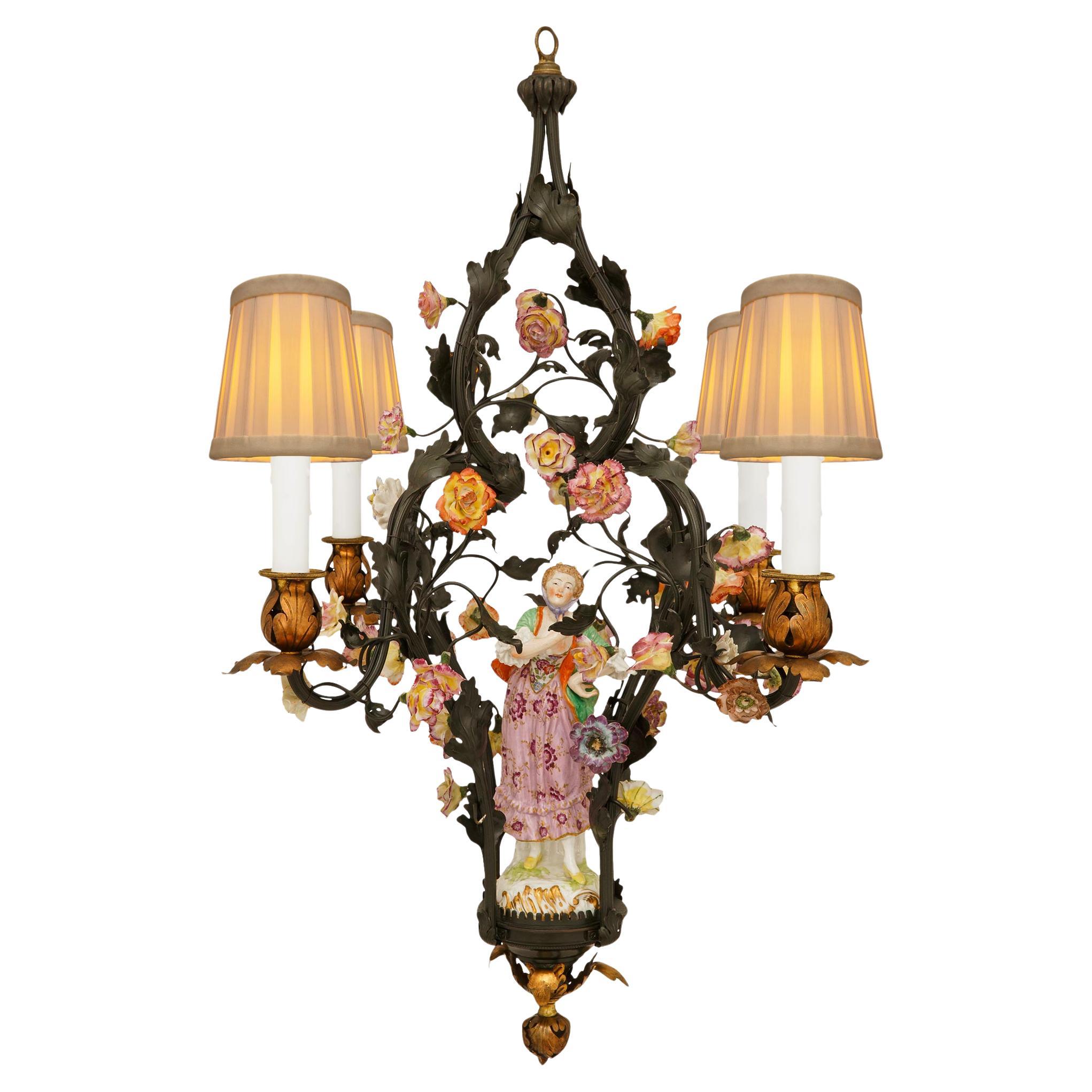 French 19th century patinated Bronze, Copper and Saxe Porcelain chandelier For Sale