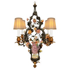 French 19th century patinated Bronze, Copper and Saxe Porcelain chandelier