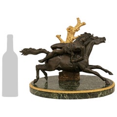 French 19th century patinated Bronze, Ormolu and marble equestrian sculpture
