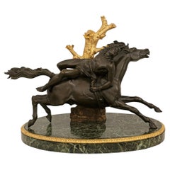 French 19th century patinated Bronze, Ormolu and marble equestrian sculpture