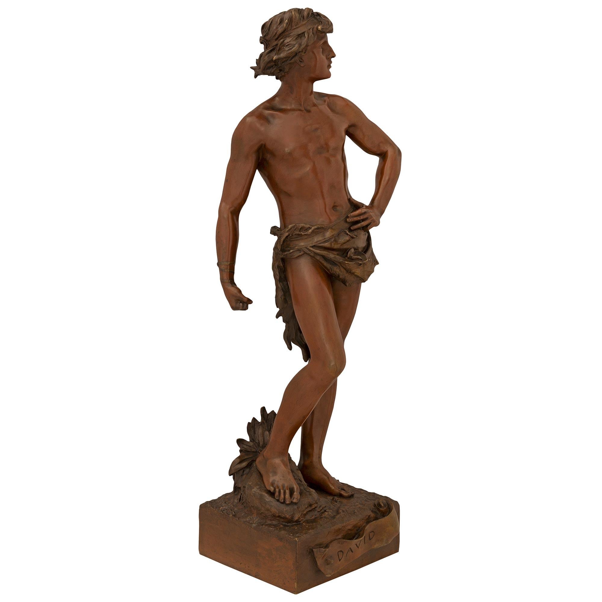 French 19th Century Patinated Bronze Statue Of A Young David Signed A Gaudez In Good Condition For Sale In West Palm Beach, FL
