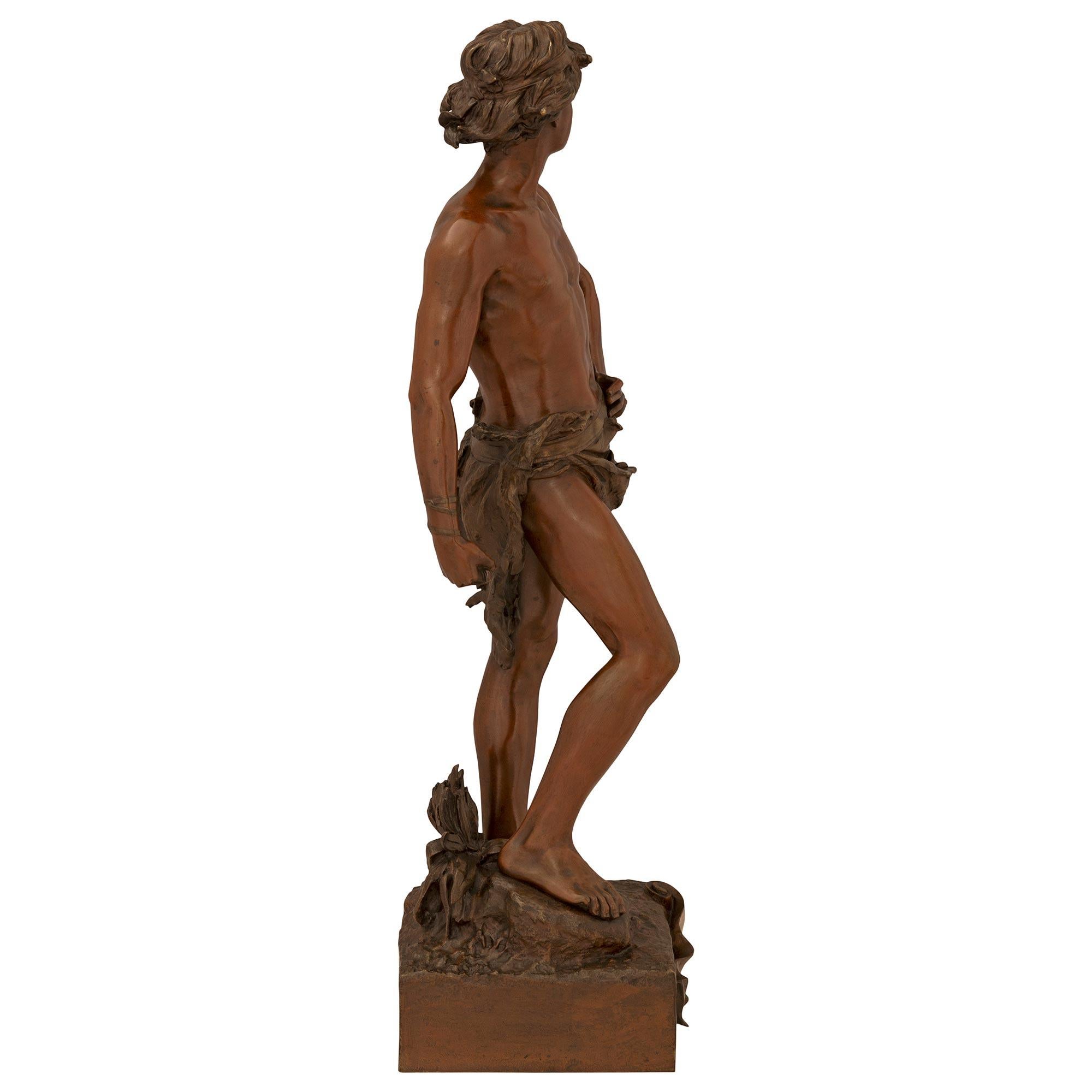French 19th Century Patinated Bronze Statue Of A Young David Signed A Gaudez For Sale 1