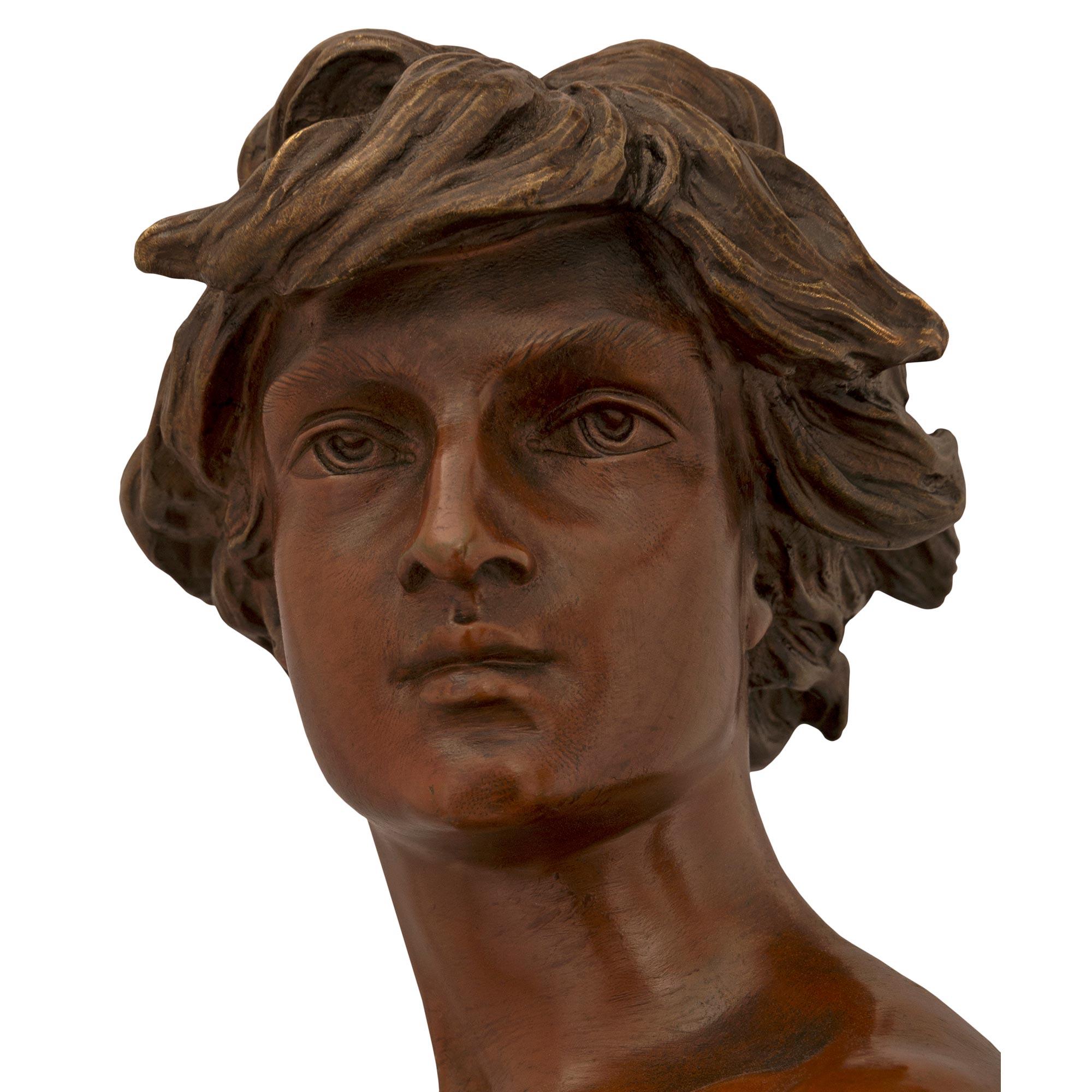 French 19th Century Patinated Bronze Statue Of A Young David Signed A Gaudez For Sale 2