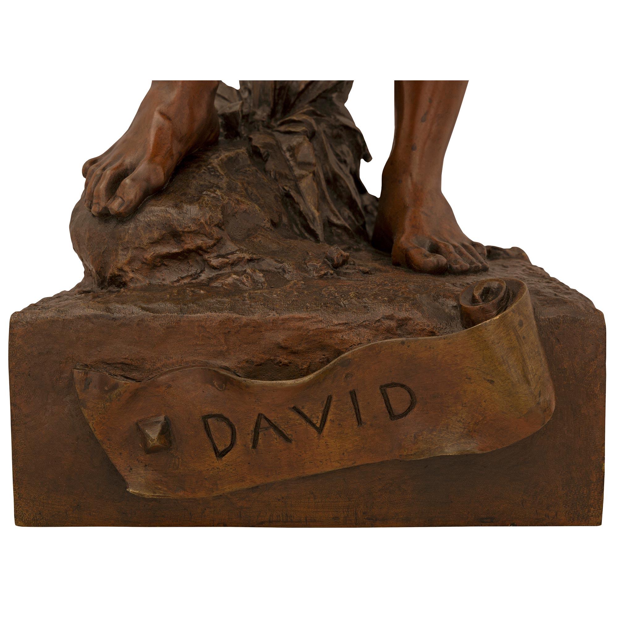 French 19th Century Patinated Bronze Statue Of A Young David Signed A Gaudez For Sale 6