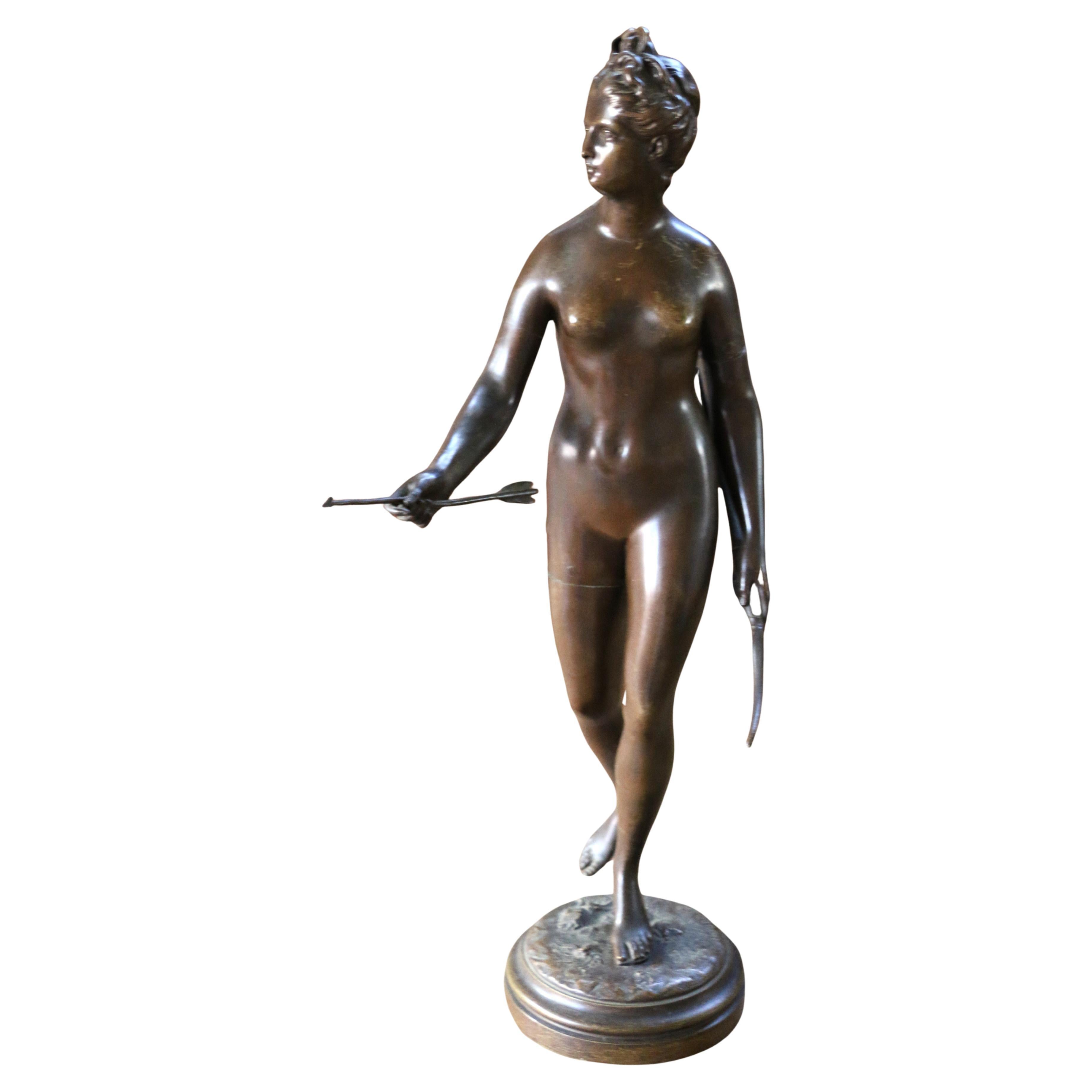 French 19th Century Patinated Bronze Statue of Diana the Huntress by Jean-Antoin