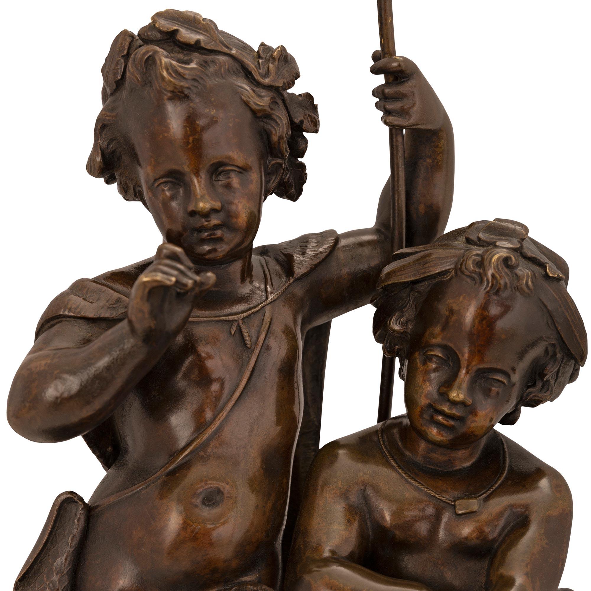 French 19th Century Patinated Bronze Statue of Two Young Boys Fishing For Sale 1