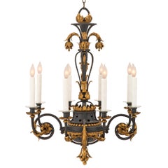 French 19th Century Patinated Dark Blue Wrought Iron and Gilt Metal Chandelier