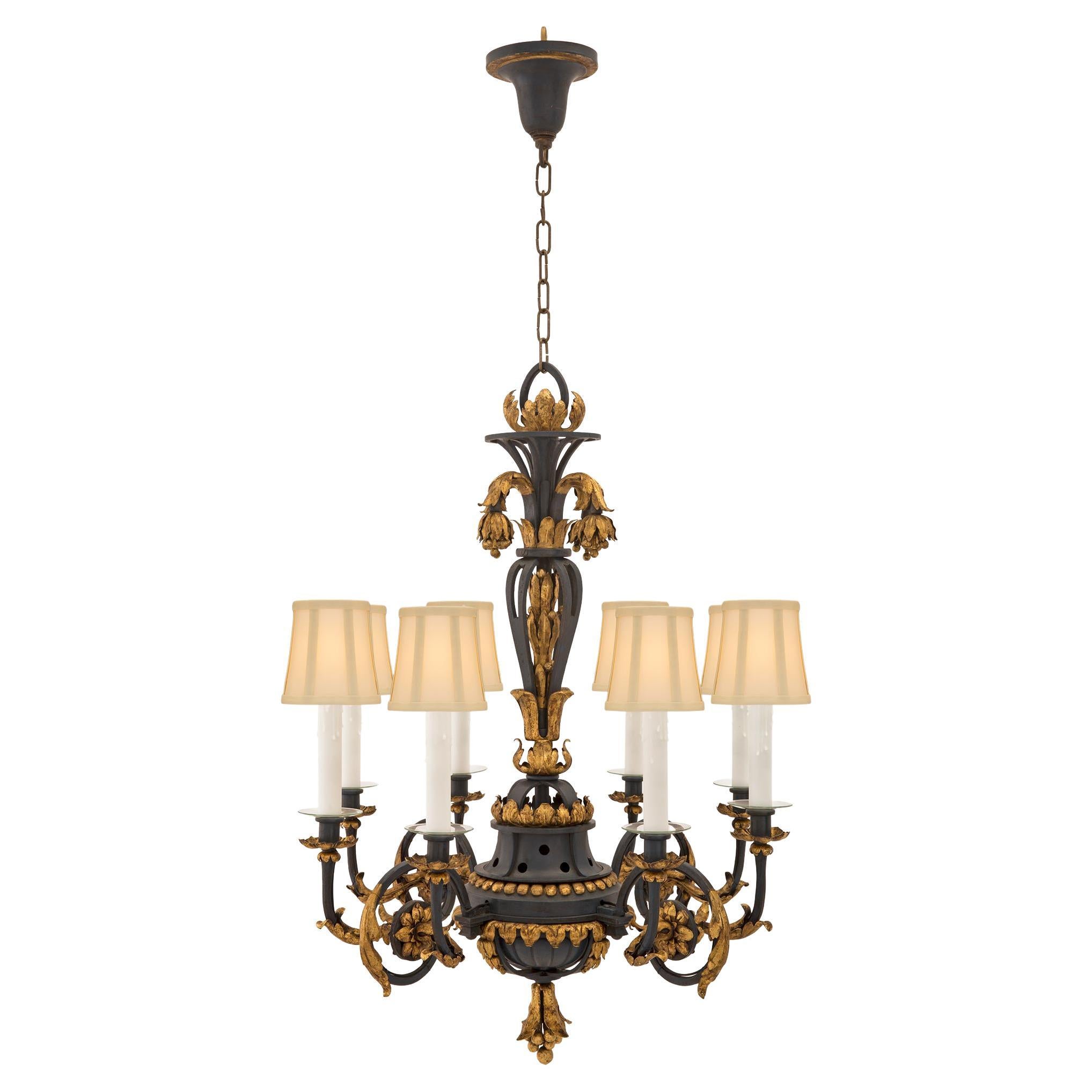 French 19th Century Patinated Dark Blue Wrought Iron and Gilt Metal Chandelier For Sale