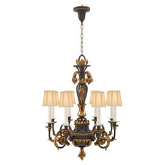 French 19th Century Patinated Dark Blue Wrought Iron and Gilt Metal Chandelier