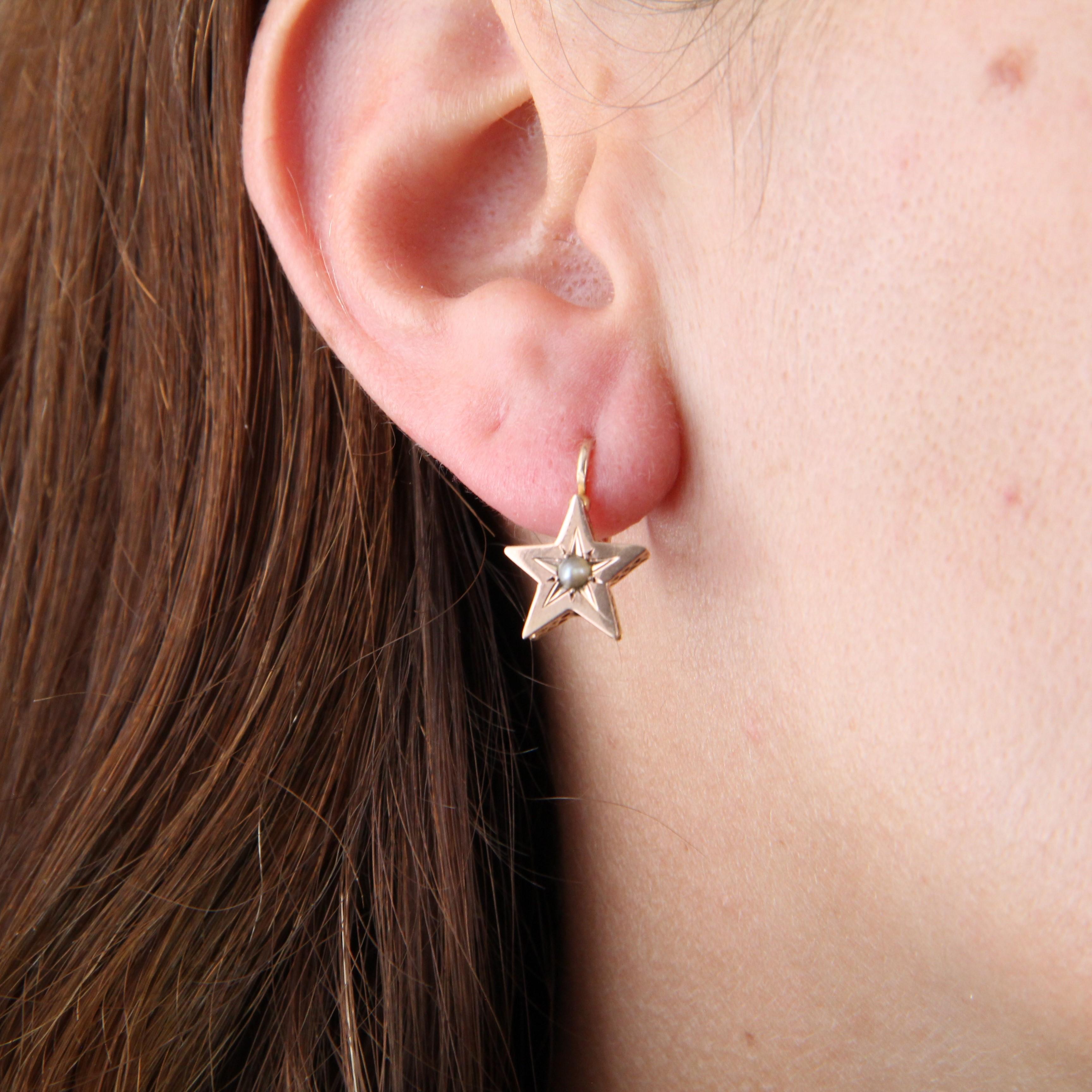 Napoleon III French 19th Century Pearl 18 Karat Rose Gold Lever-Back Star Earrings For Sale