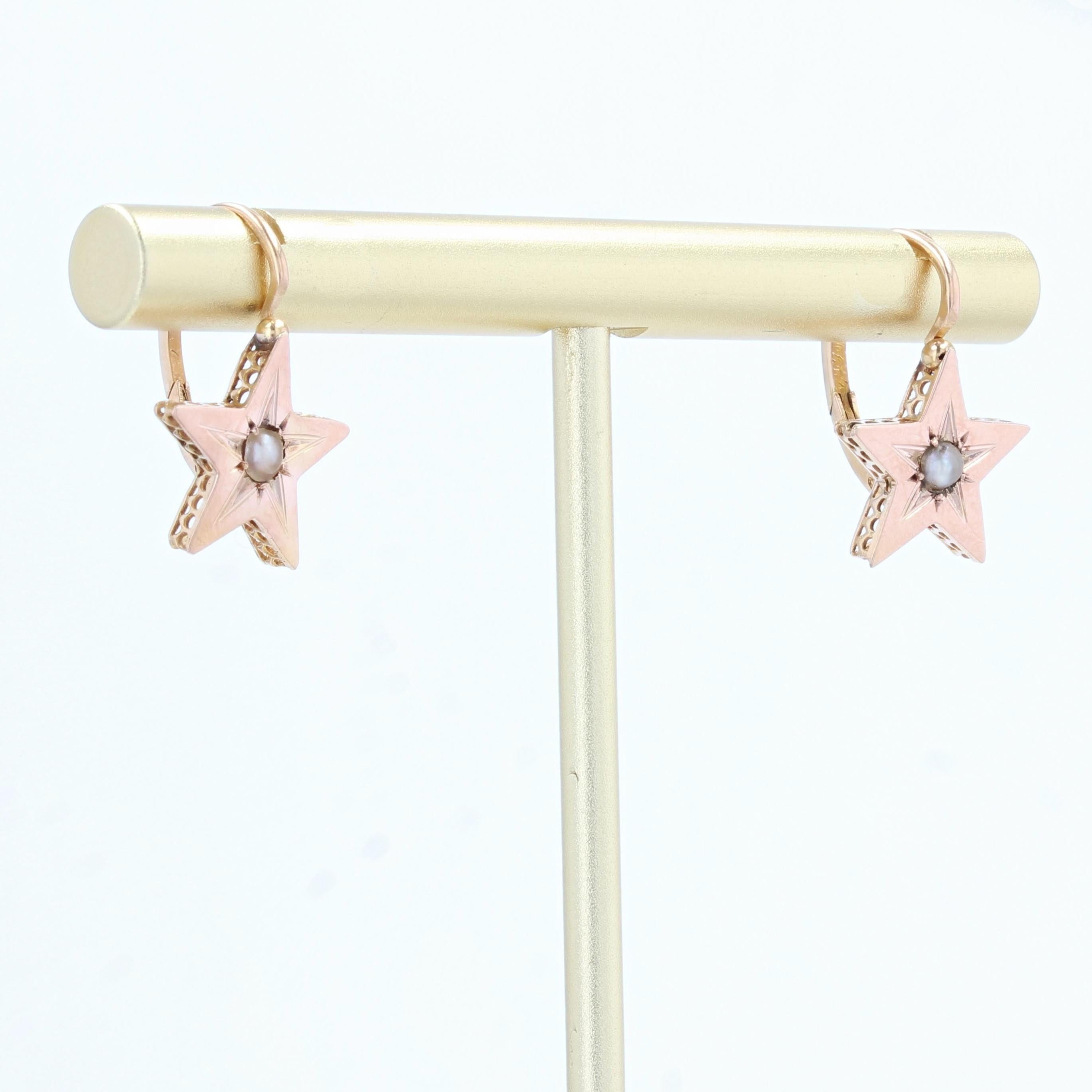 Bead French 19th Century Pearl 18 Karat Rose Gold Lever-Back Star Earrings For Sale