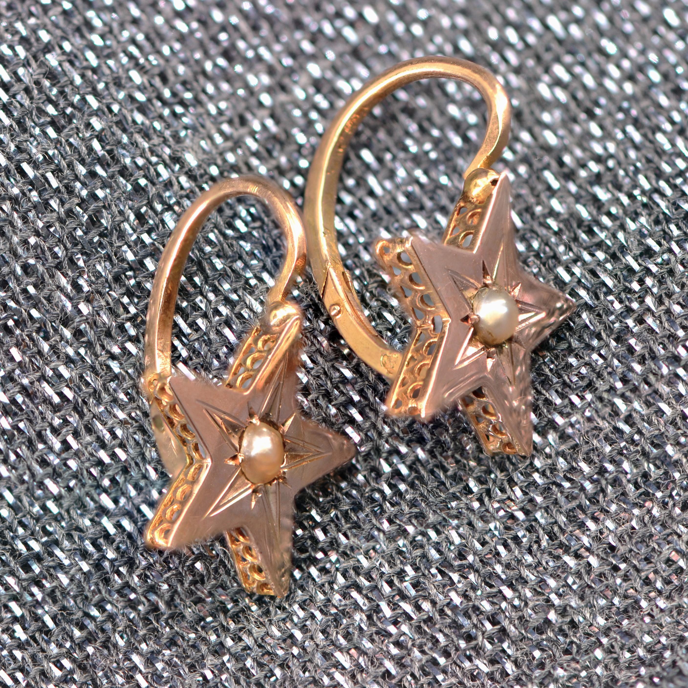 Women's French 19th Century Pearl 18 Karat Rose Gold Lever-Back Star Earrings For Sale