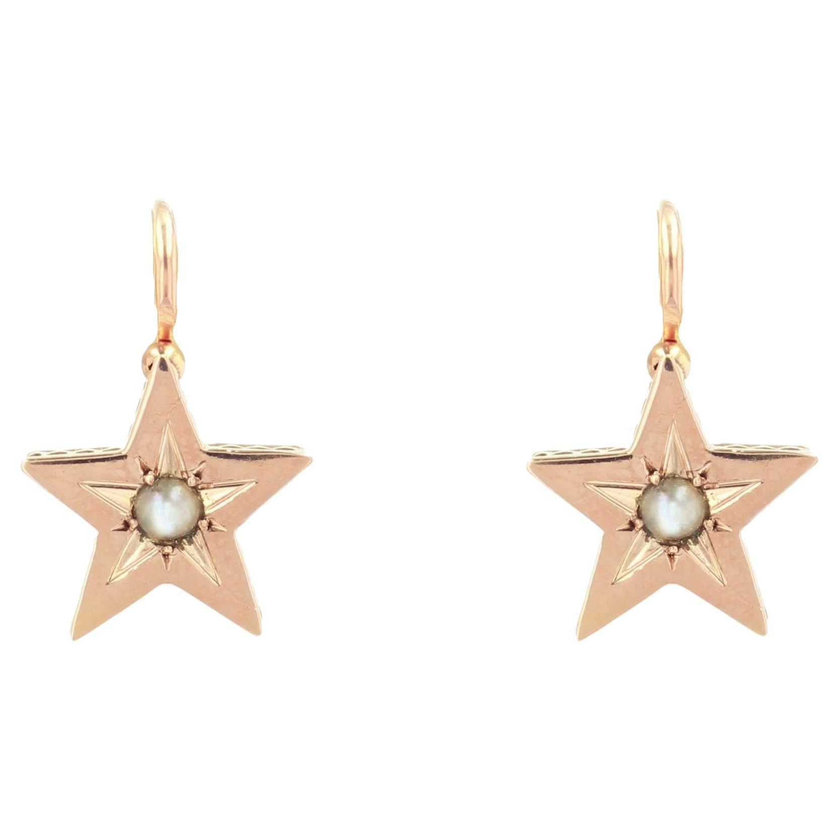 French 19th Century Pearl 18 Karat Rose Gold Lever-Back Star Earrings