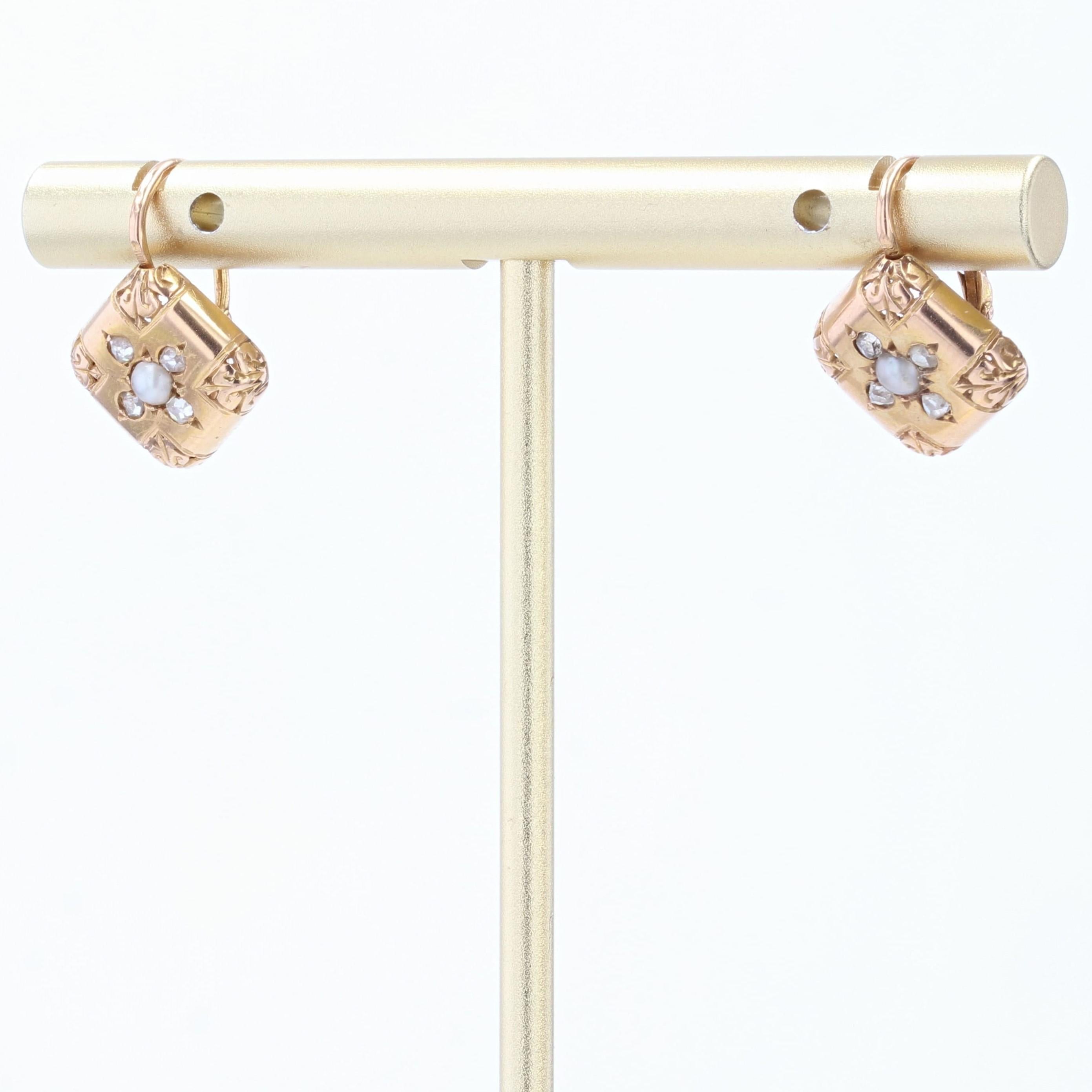 Napoleon III French 19th Century Pearl Diamonds 18 Karat Rose Gold Lever, Back Earrings For Sale