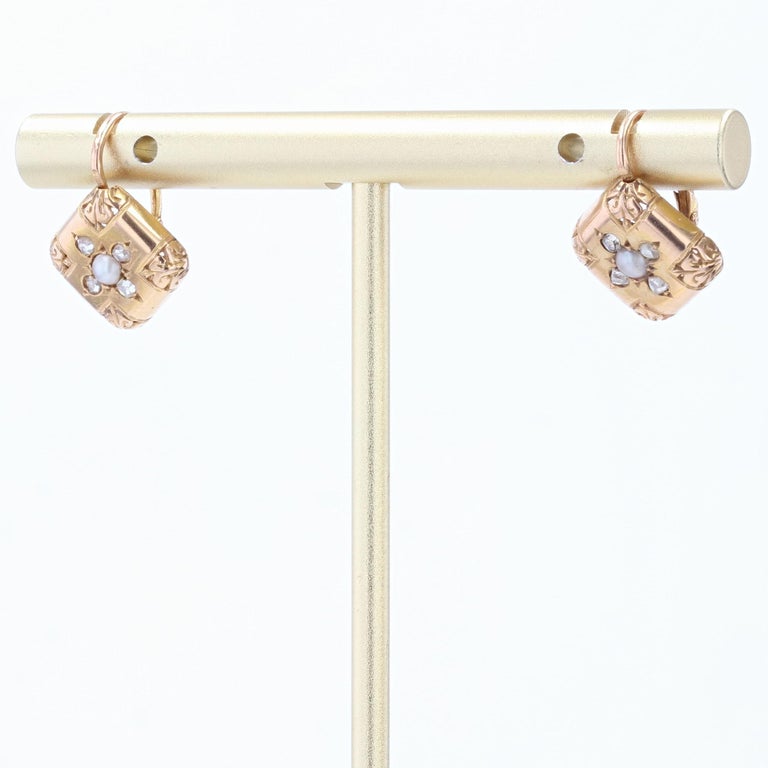 Rose Cut French 19th Century Pearl Diamonds 18 Karat Rose Gold Lever, Back Earrings For Sale