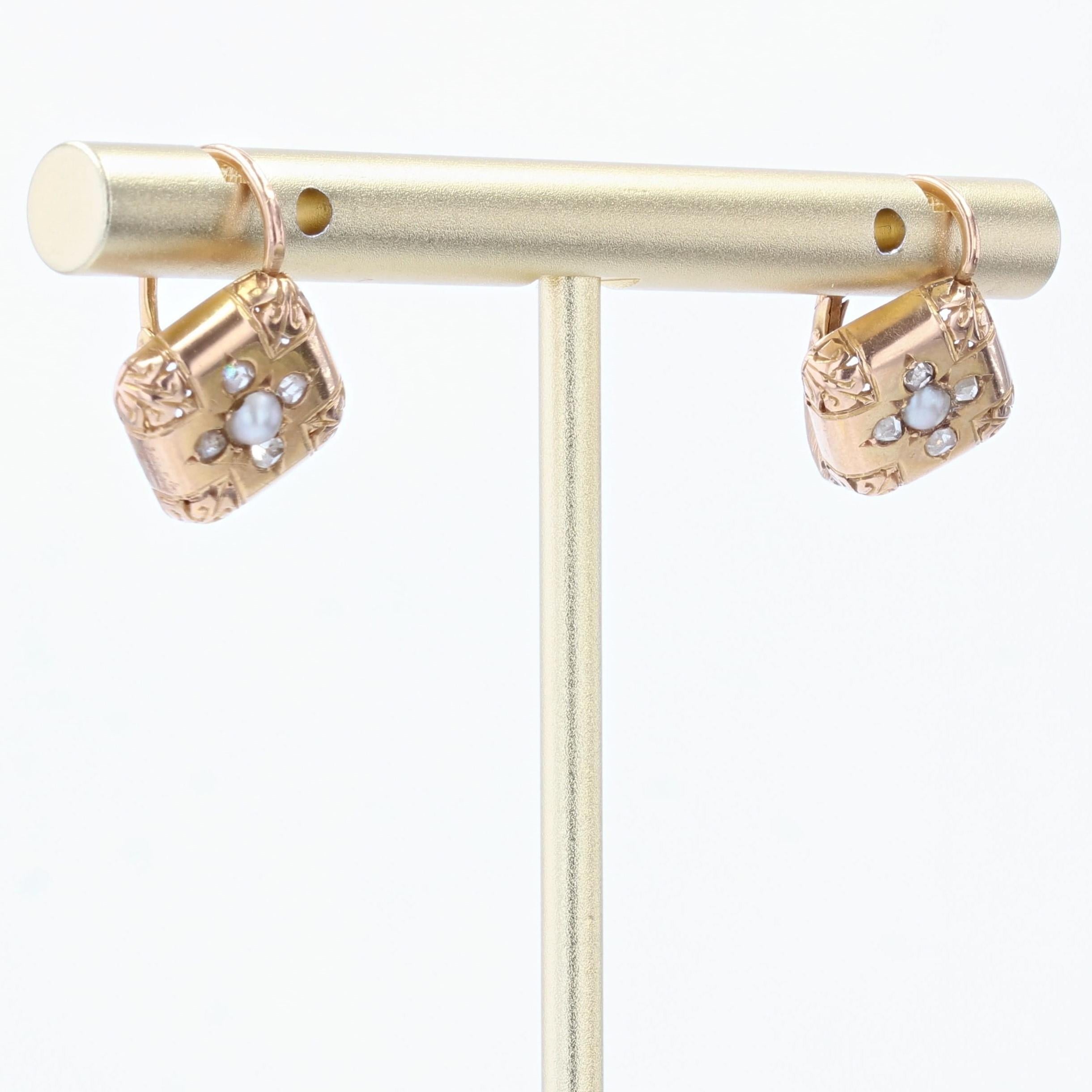 French 19th Century Pearl Diamonds 18 Karat Rose Gold Lever, Back Earrings In Good Condition For Sale In Poitiers, FR