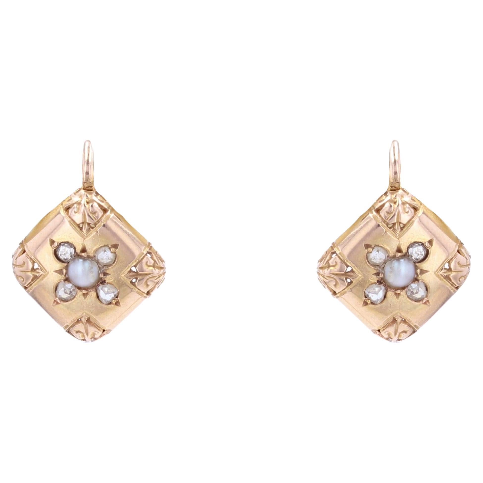 French 19th Century Pearl Diamonds 18 Karat Rose Gold Lever, Back Earrings