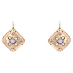 Pendientes franceses de oro rosa de 18 quilates con diamantes y perlas del siglo XIX