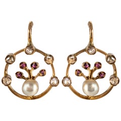 French 19th Century Pearl Diamonds Ruby Drop Earrings