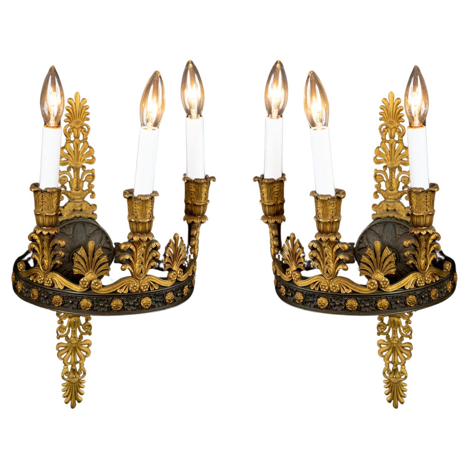 French 19th Century Period First Empire Patinated Bronze and Bronze Sconces For Sale