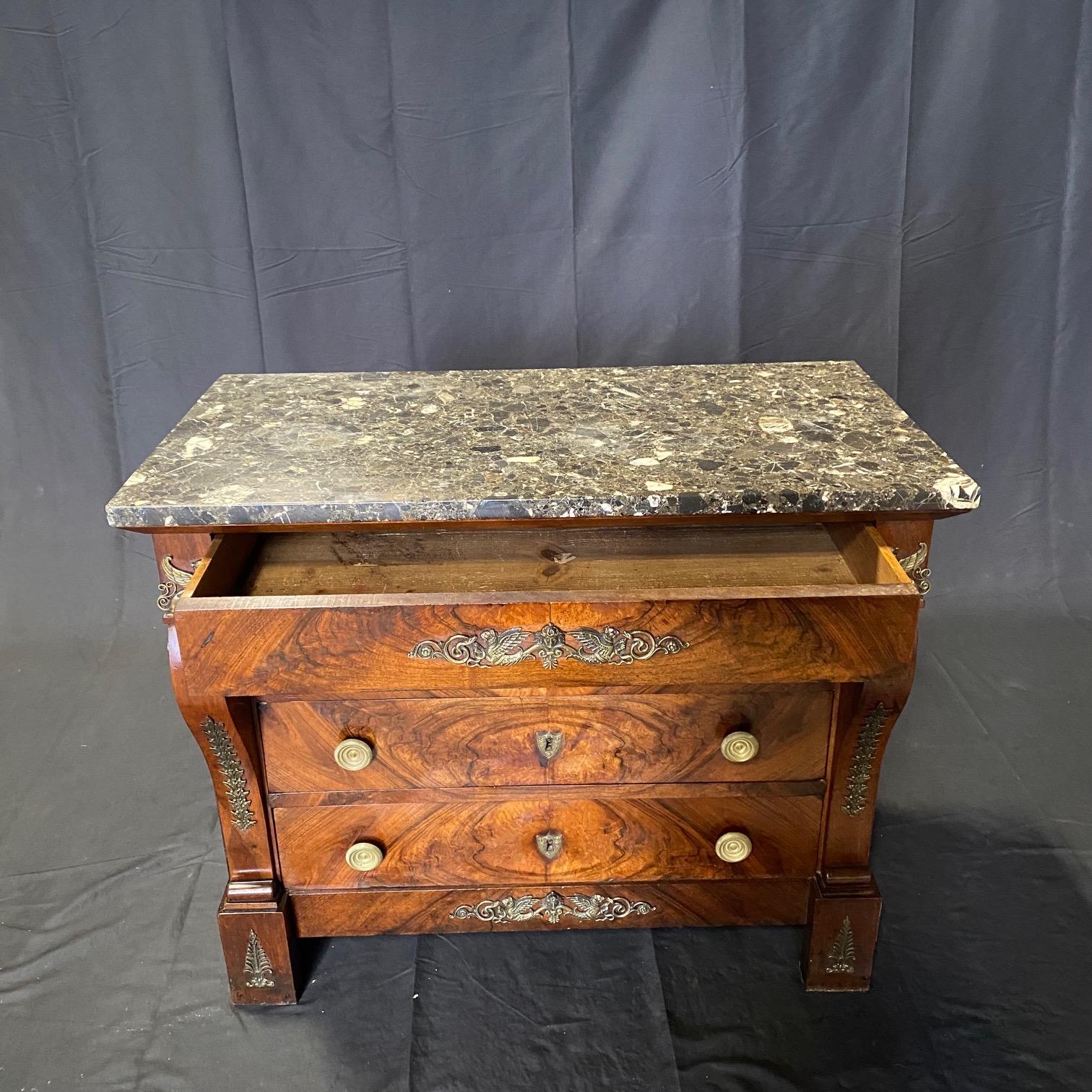 This wonderful Empire mahogany commode was hand crafted in 19th century France; four drawers and neoclassical details comprise this outstanding chest of drawers or commode. This case piece is topped with an interesting piece of black, gray and white