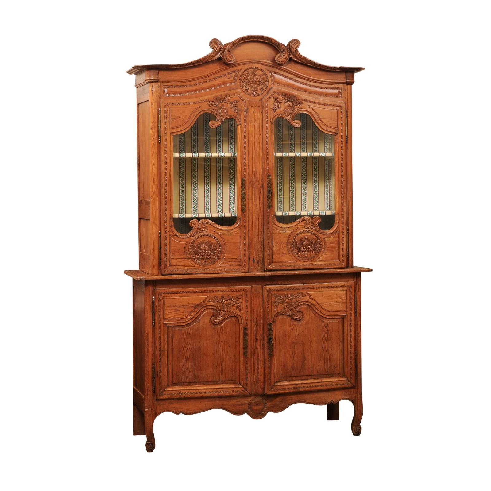French 19th Century Pine Buffet Deux Corps with Glazed Cabinet Doors, Carved Bird/Foliage Detail Ending and Cabriole Legs