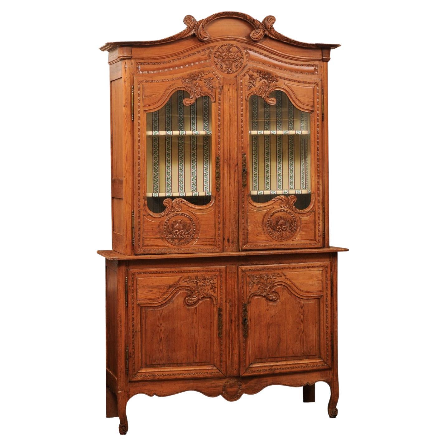 French 19th Century Pine Buffet Deux Corps with Glazed Cabinet Doors For Sale