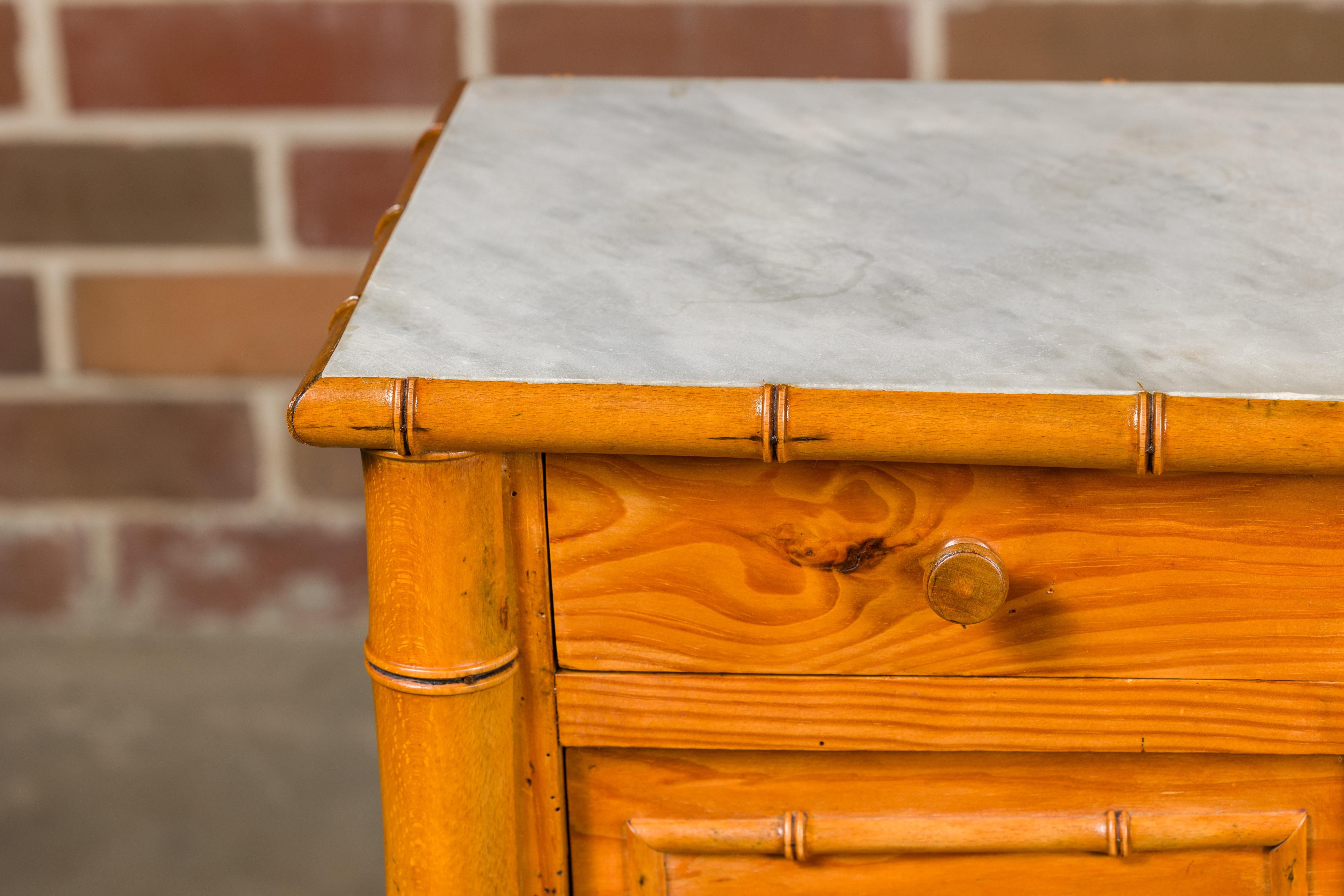 French 19th Century Pine Faux Bamboo Side Table with Marble Top, Door and Drawer For Sale 7