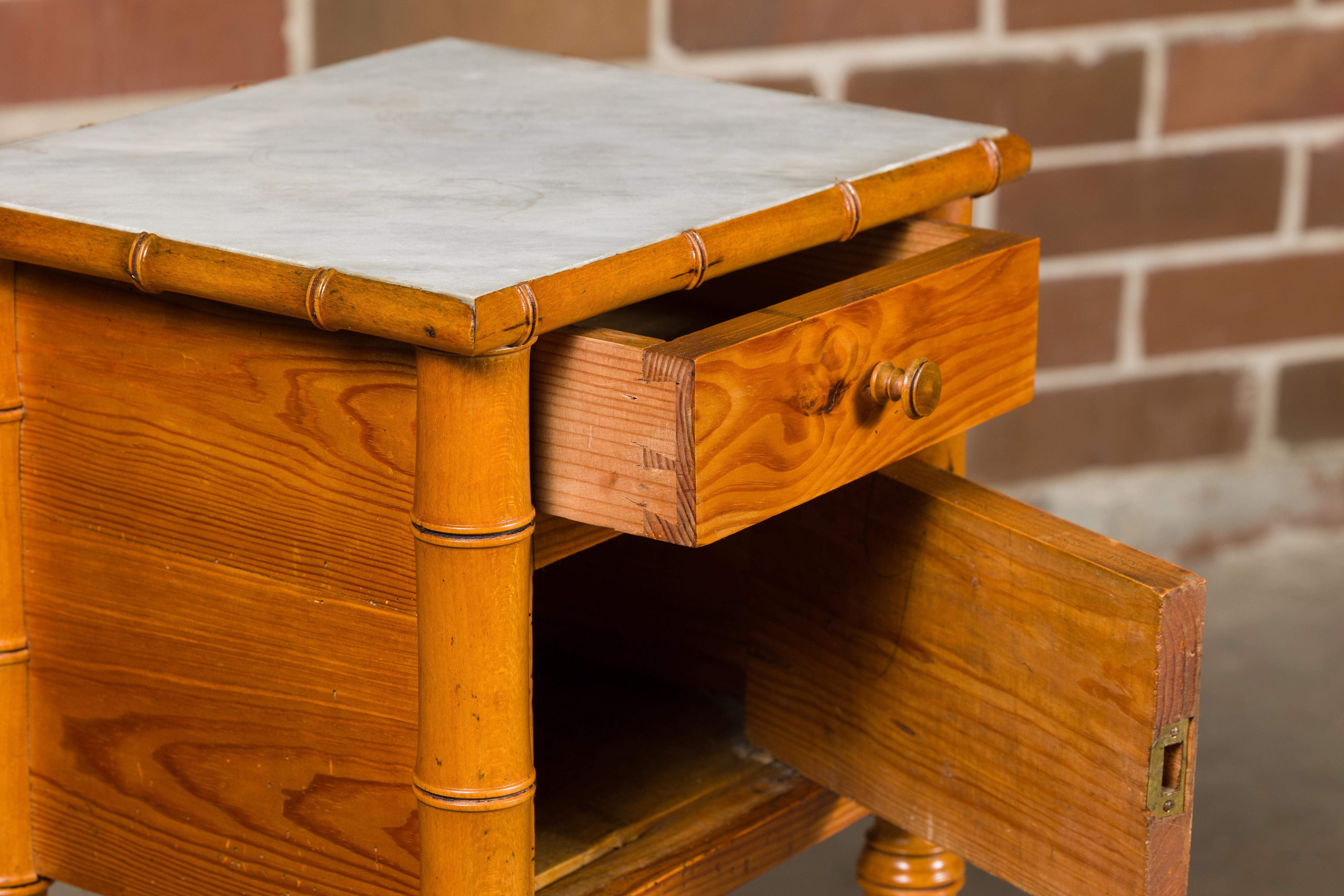 French 19th Century Pine Faux Bamboo Side Table with Marble Top, Door and Drawer For Sale 8
