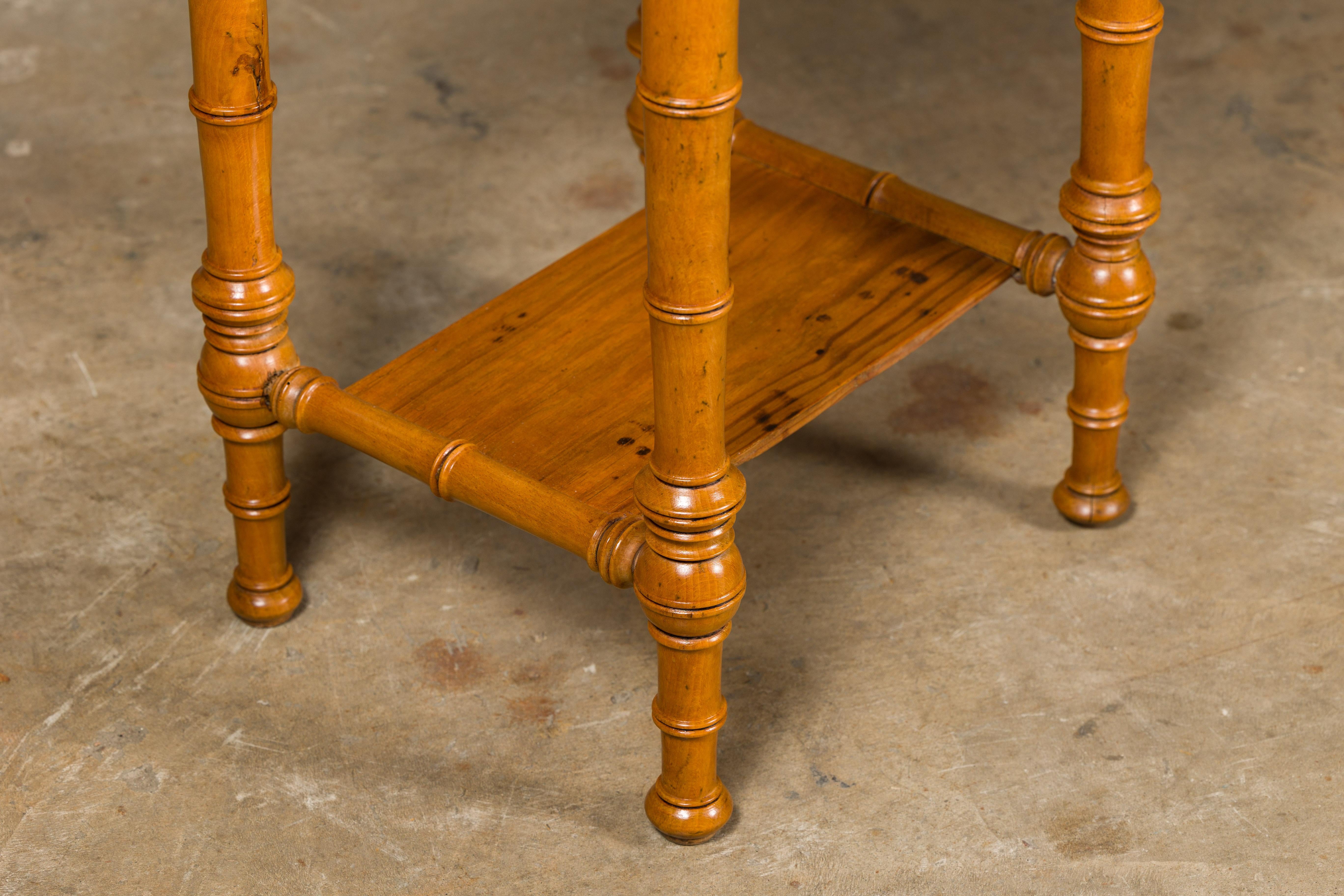 French 19th Century Pine Faux Bamboo Side Table with Marble Top, Door and Drawer For Sale 9