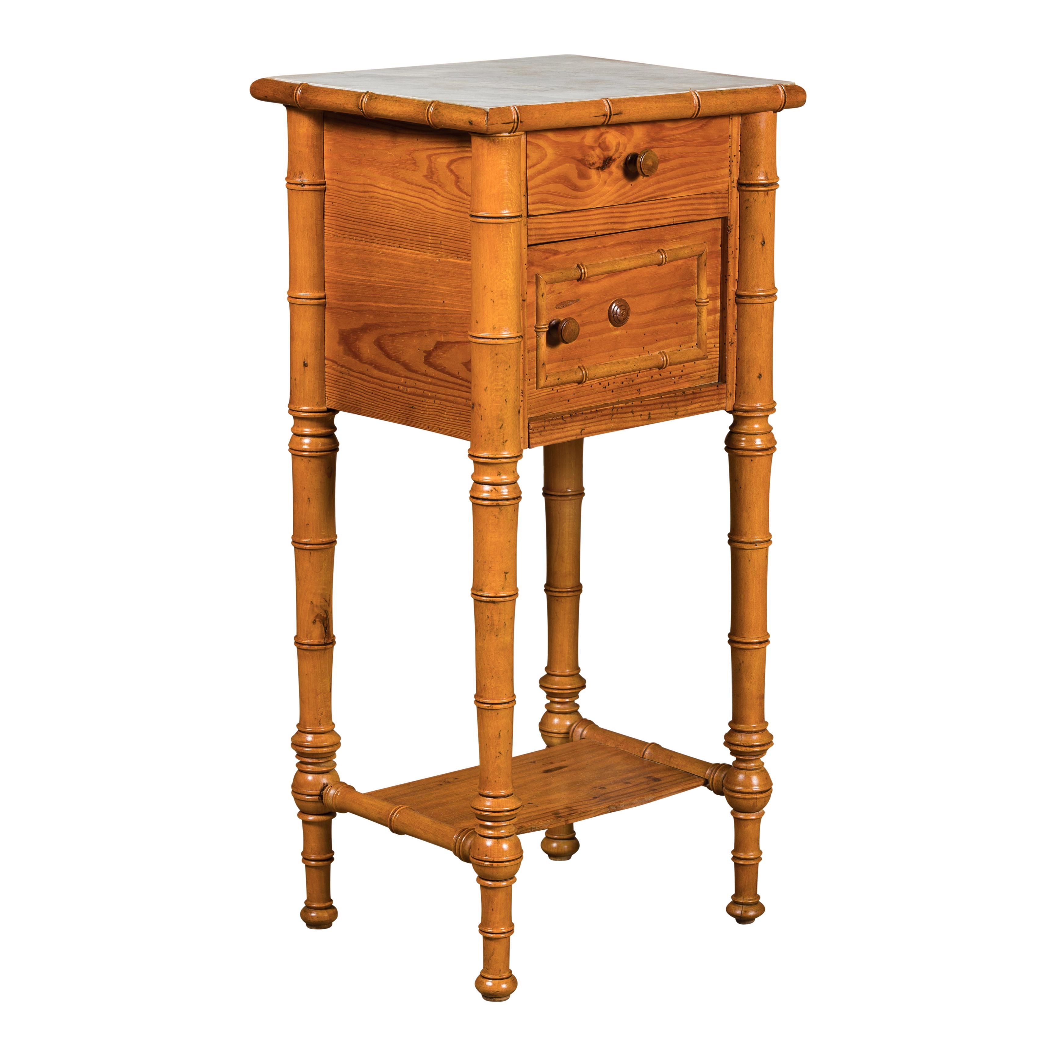 French 19th Century Pine Faux Bamboo Side Table with Marble Top, Door and Drawer For Sale 10