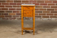 French 19th Century Pine Faux Bamboo Side Table with Marble Top, Door and Drawer