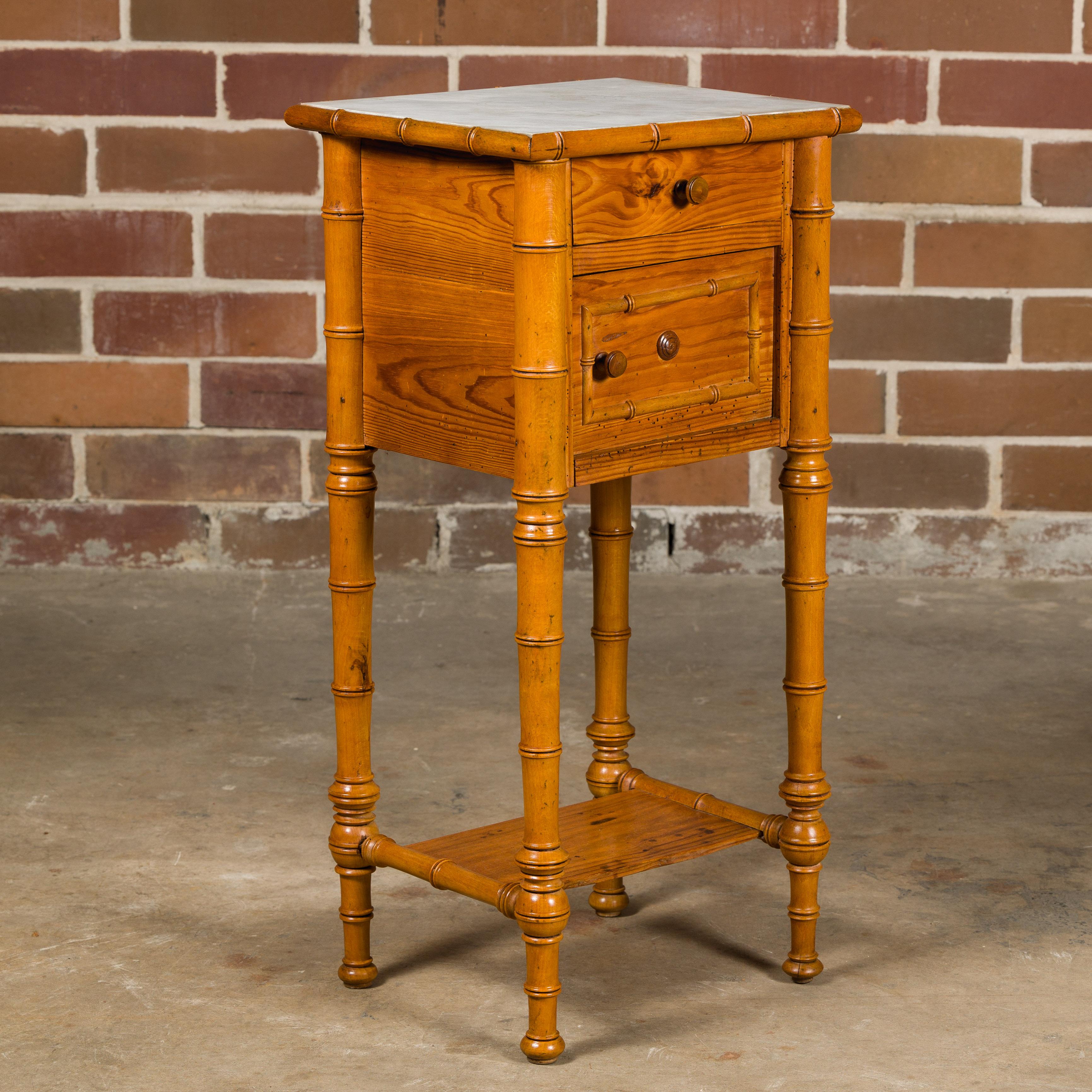 Rustic French 19th Century Pine Faux Bamboo Side Table with Marble Top, Door and Drawer For Sale