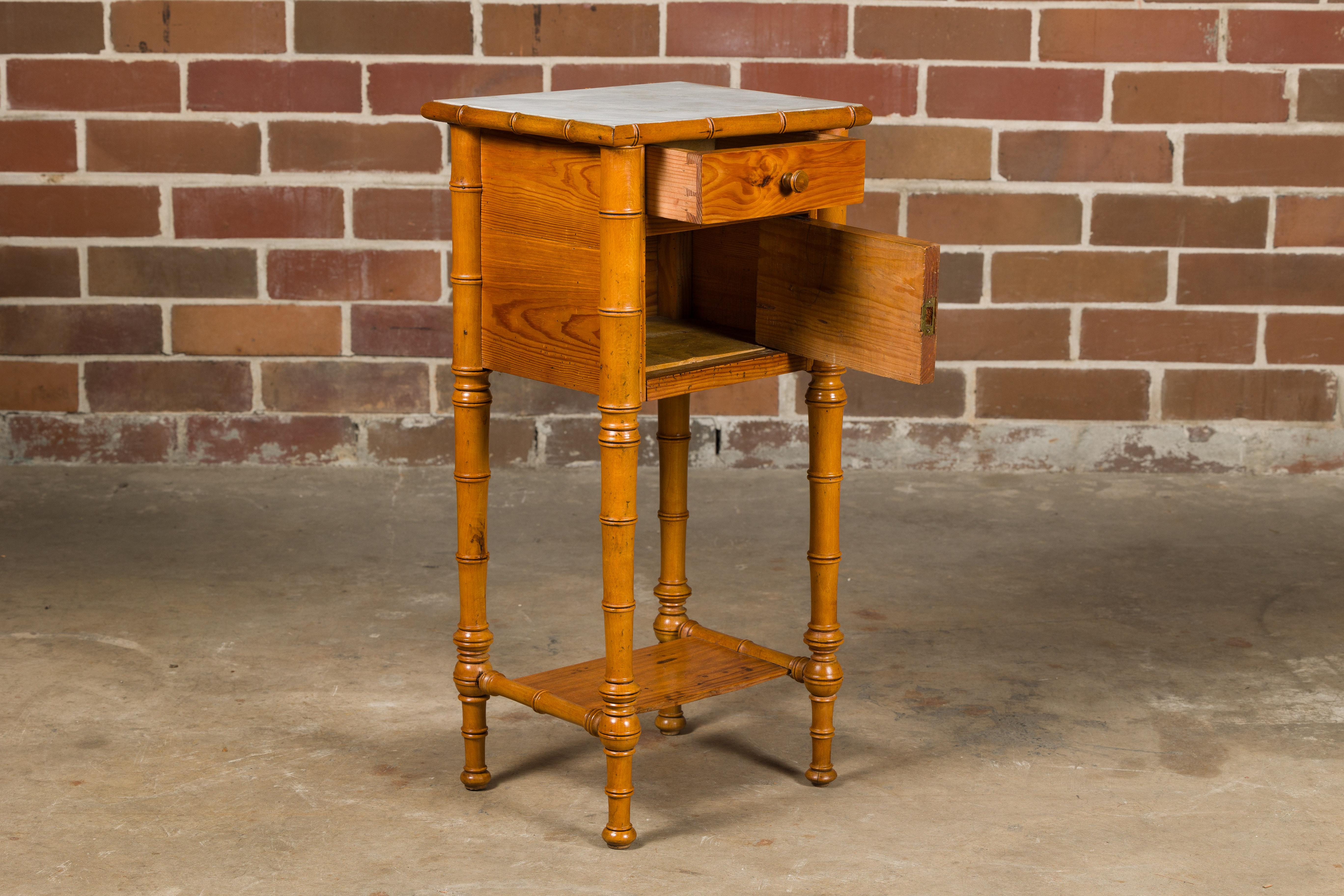 French 19th Century Pine Faux Bamboo Side Table with Marble Top, Door and Drawer In Good Condition For Sale In Atlanta, GA