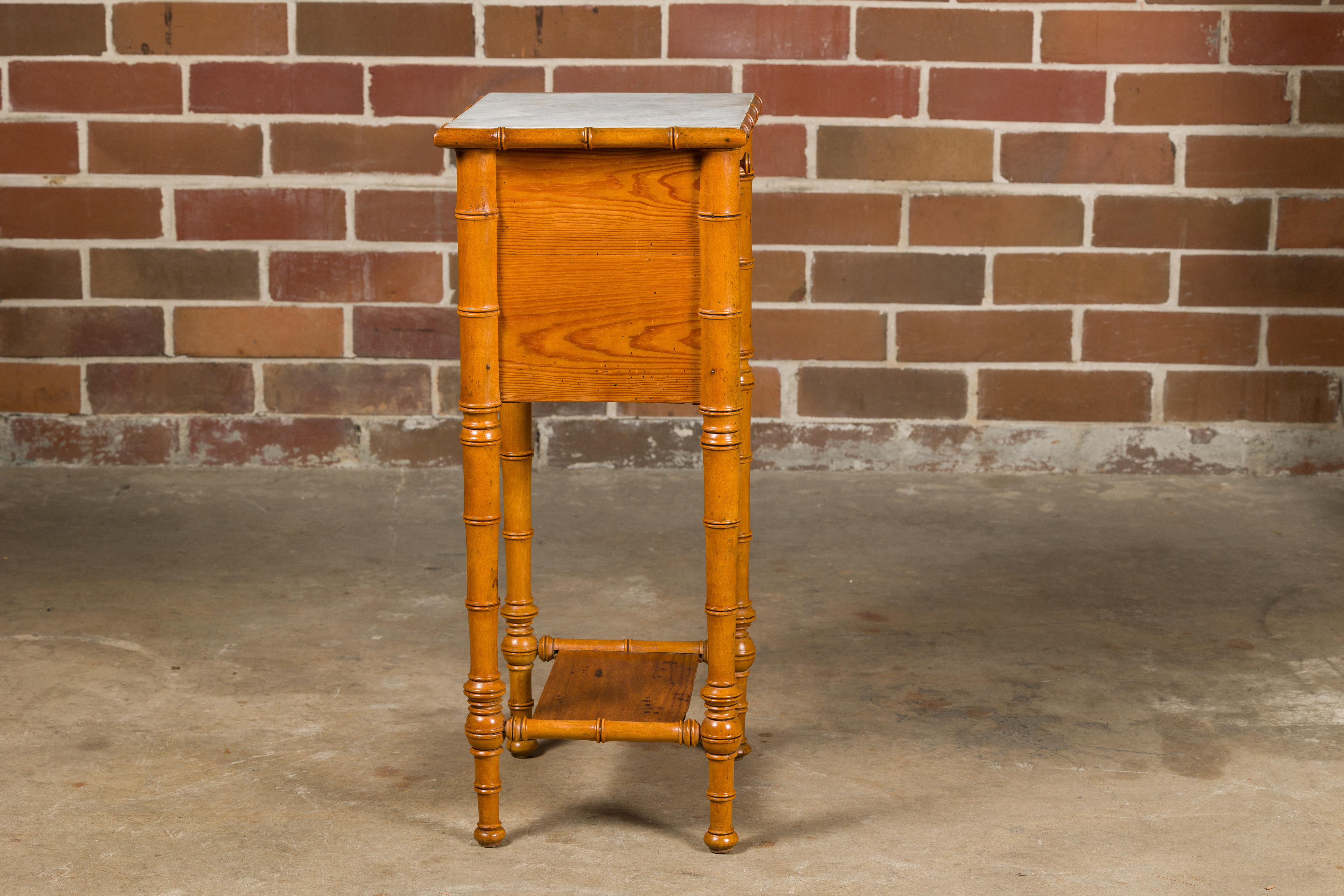 French 19th Century Pine Faux Bamboo Side Table with Marble Top, Door and Drawer For Sale 1