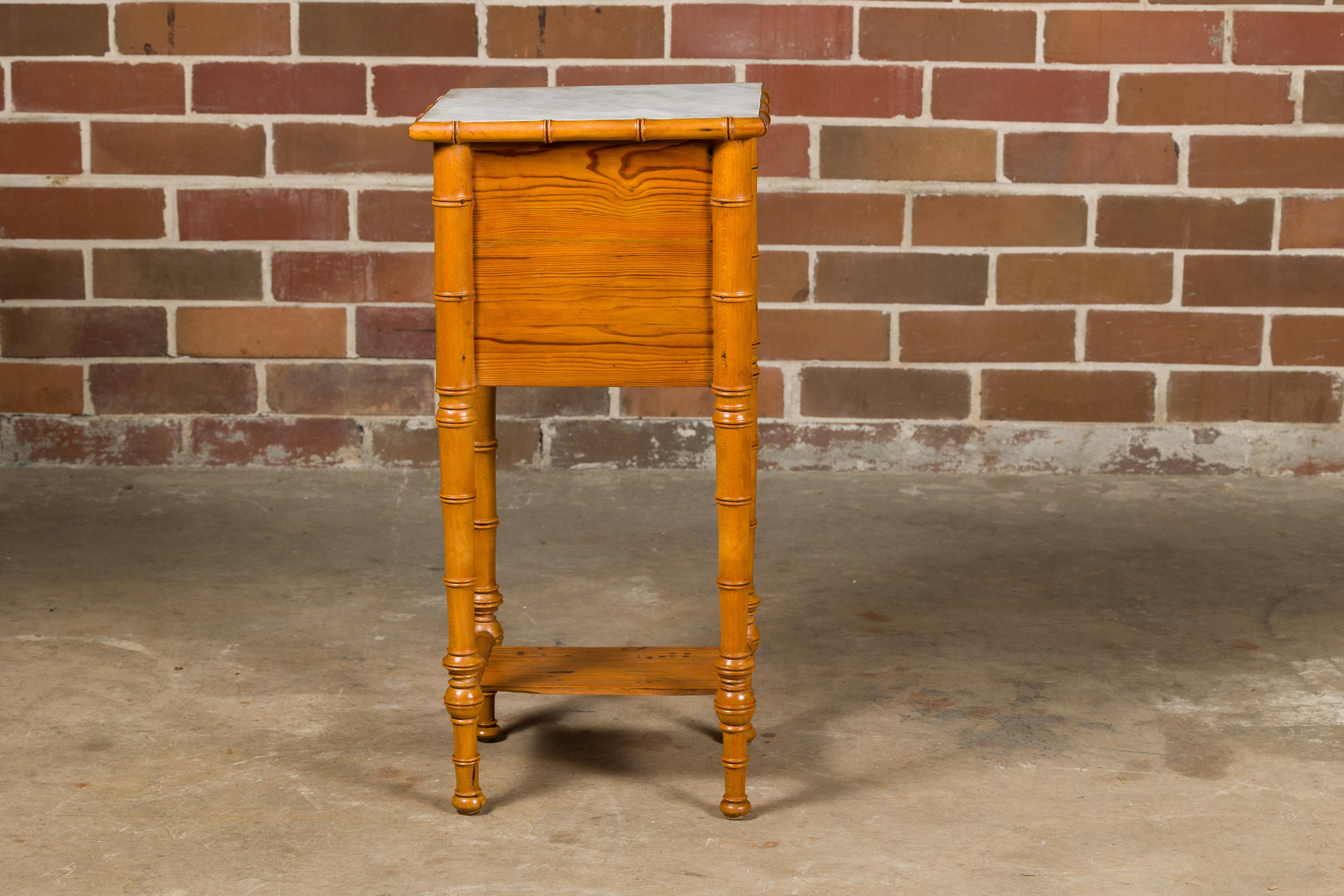 French 19th Century Pine Faux Bamboo Side Table with Marble Top, Door and Drawer For Sale 2