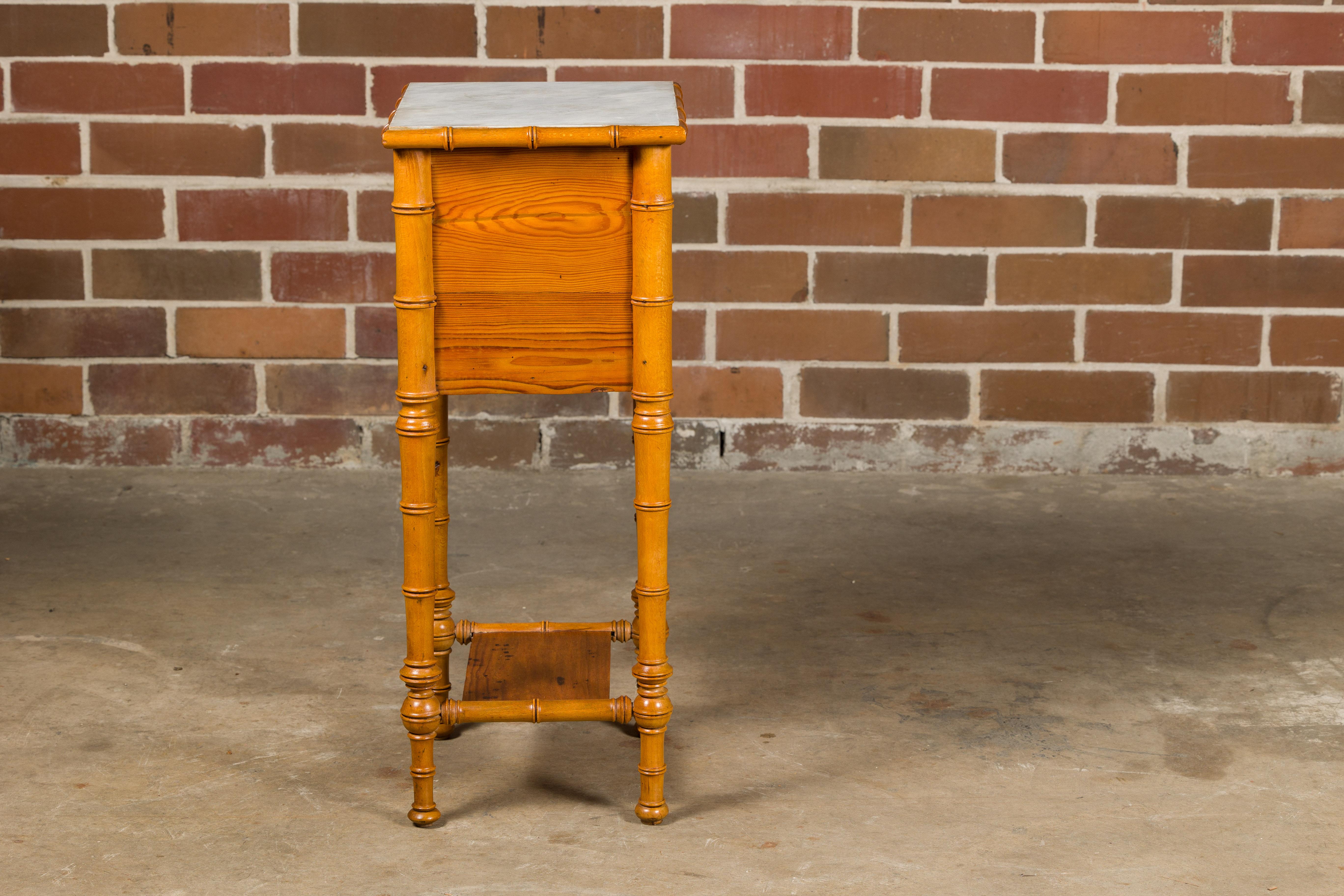 French 19th Century Pine Faux Bamboo Side Table with Marble Top, Door and Drawer For Sale 3