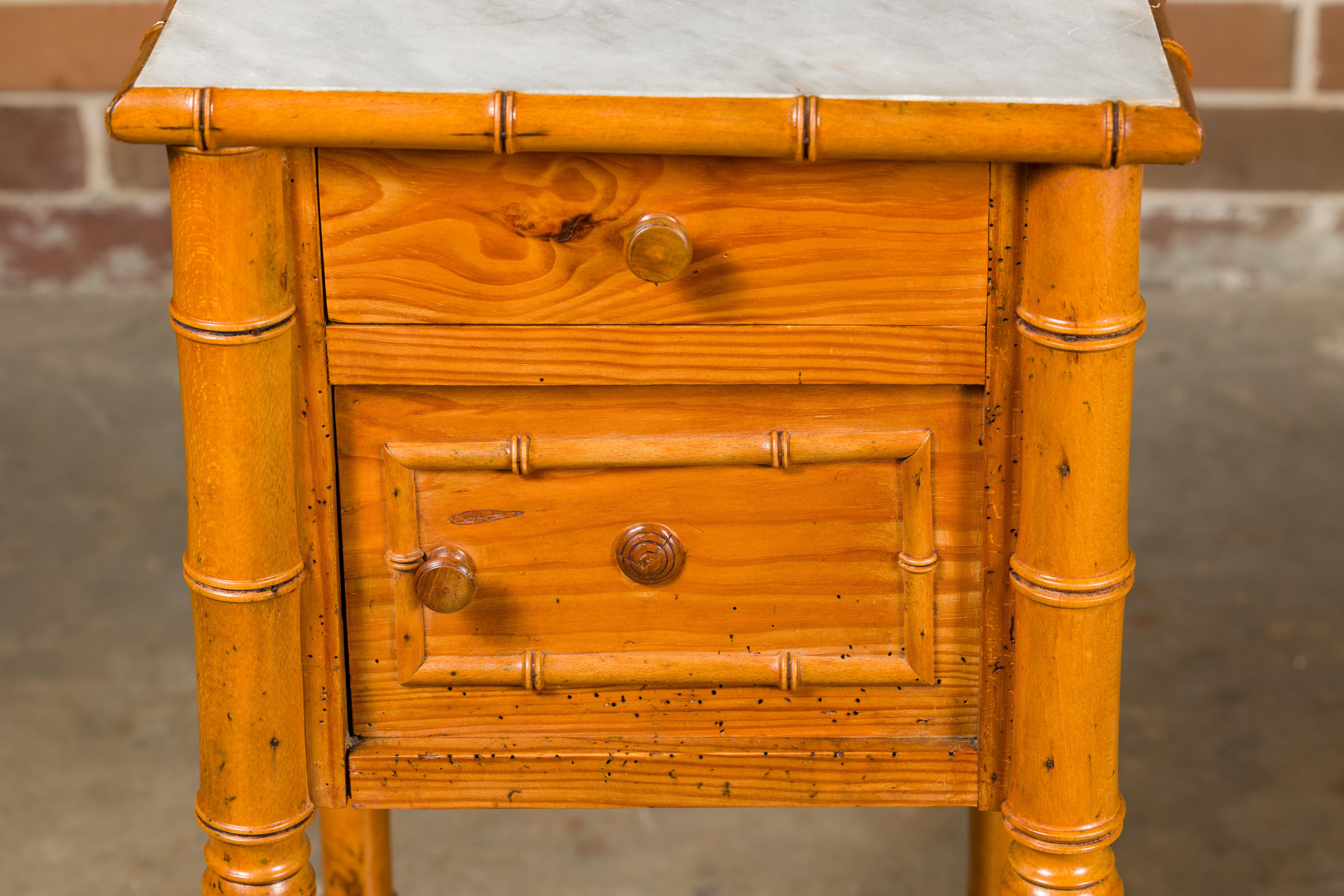 French 19th Century Pine Faux Bamboo Side Table with Marble Top, Door and Drawer For Sale 5