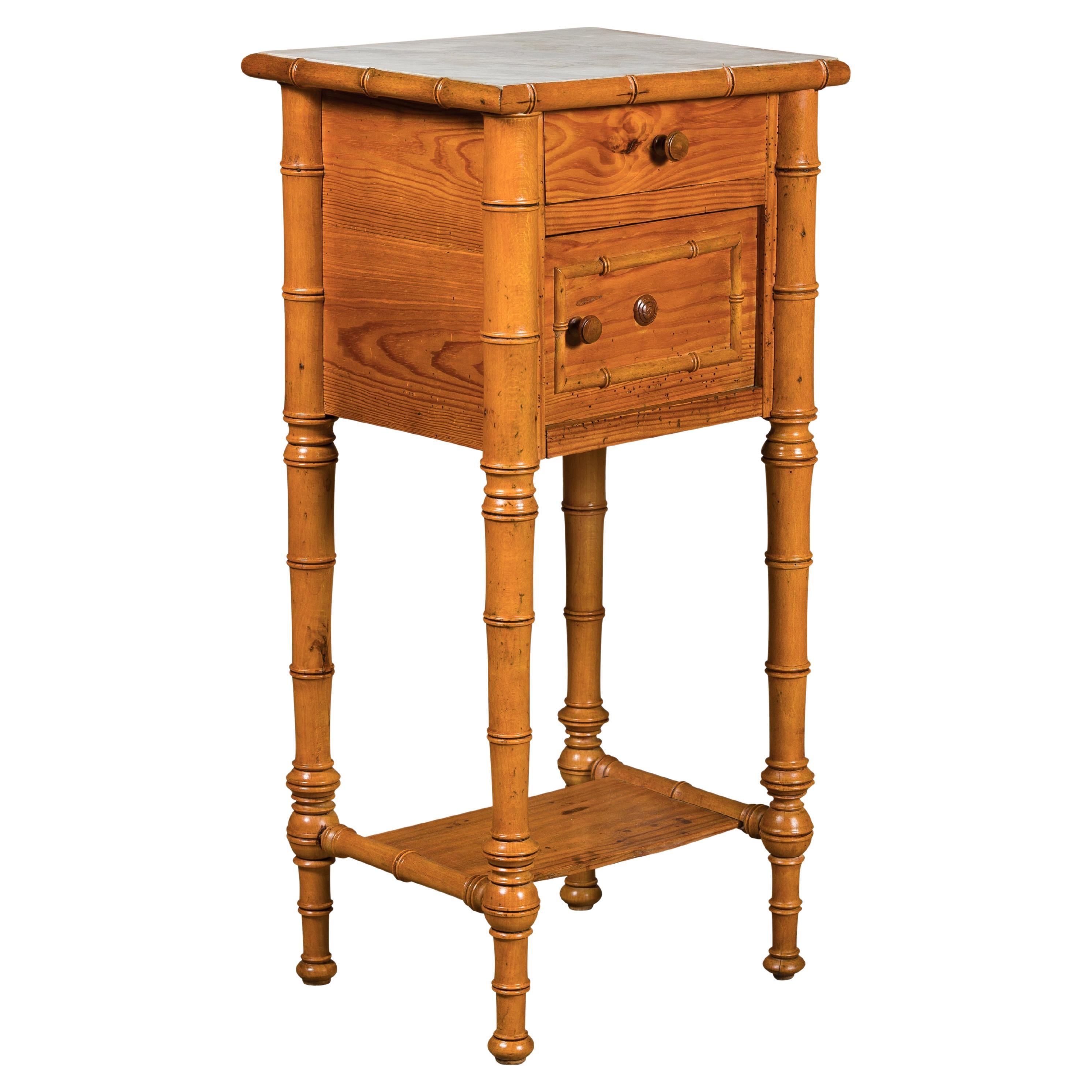 French 19th Century Pine Faux Bamboo Side Table with Marble Top, Door and Drawer