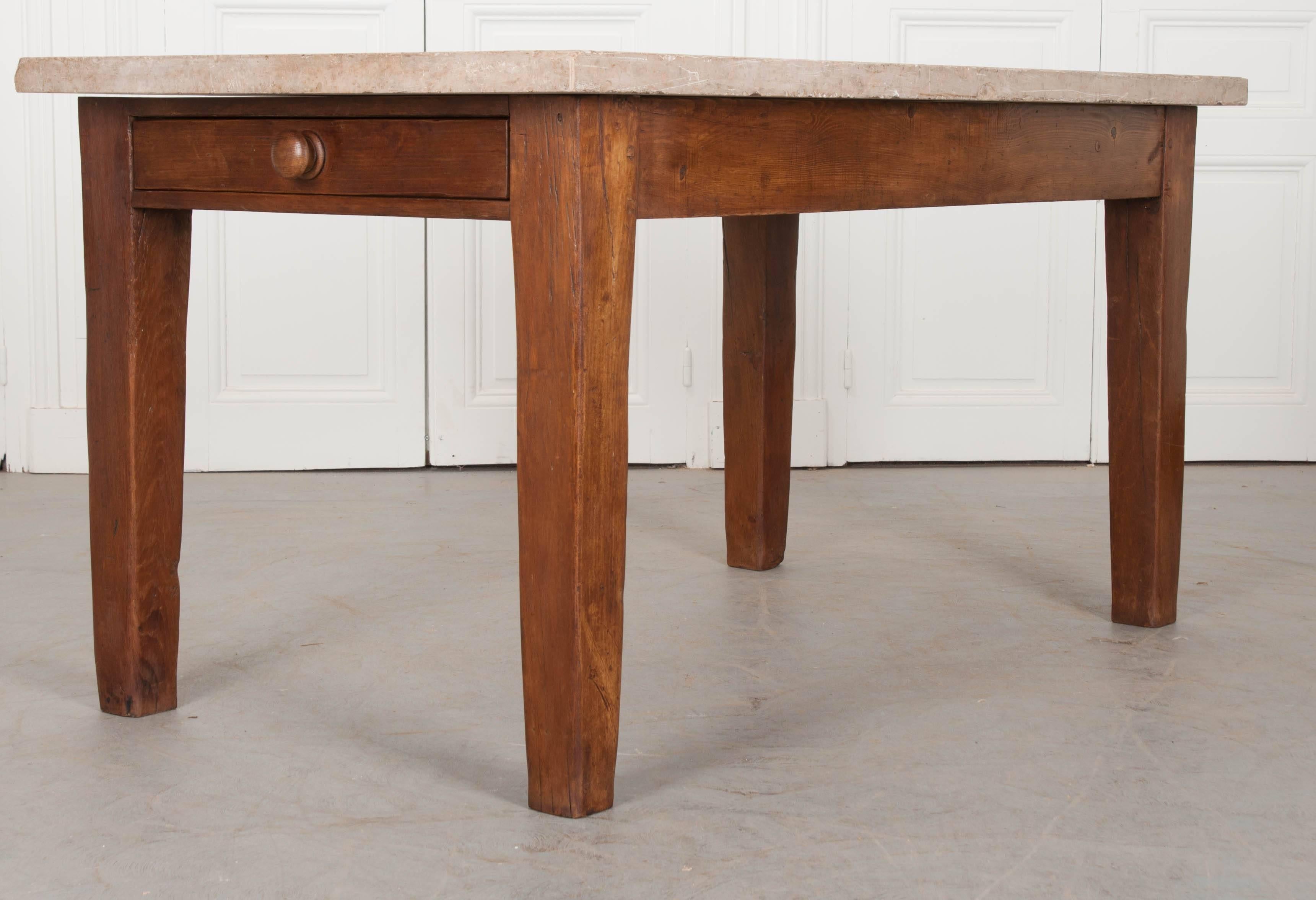 Limestone French 19th Century Pine Table with Thick Stone Top