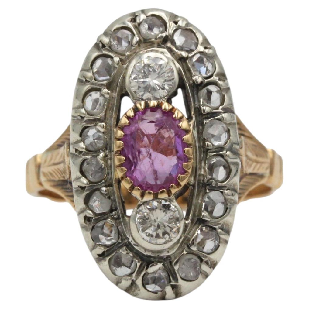 French 19th Century Pink Sapphire and Diamond Ring in 18K Gold