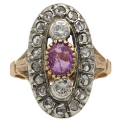 French 19th Century Pink Sapphire and Diamond Ring in 18K Gold