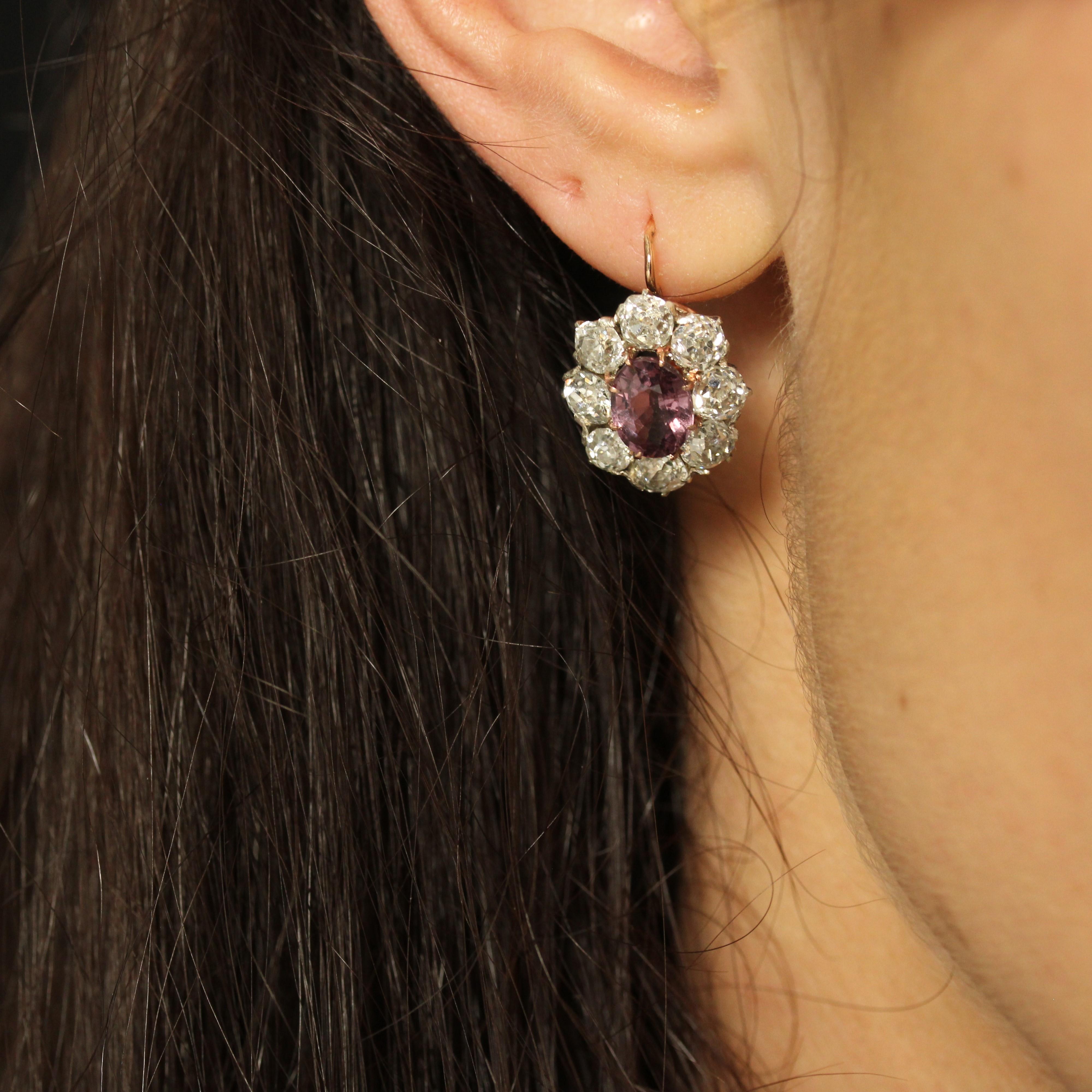 French 19th Century Pink Sapphires Diamonds 18 Karat Rose Gold Daisy Earrings 4