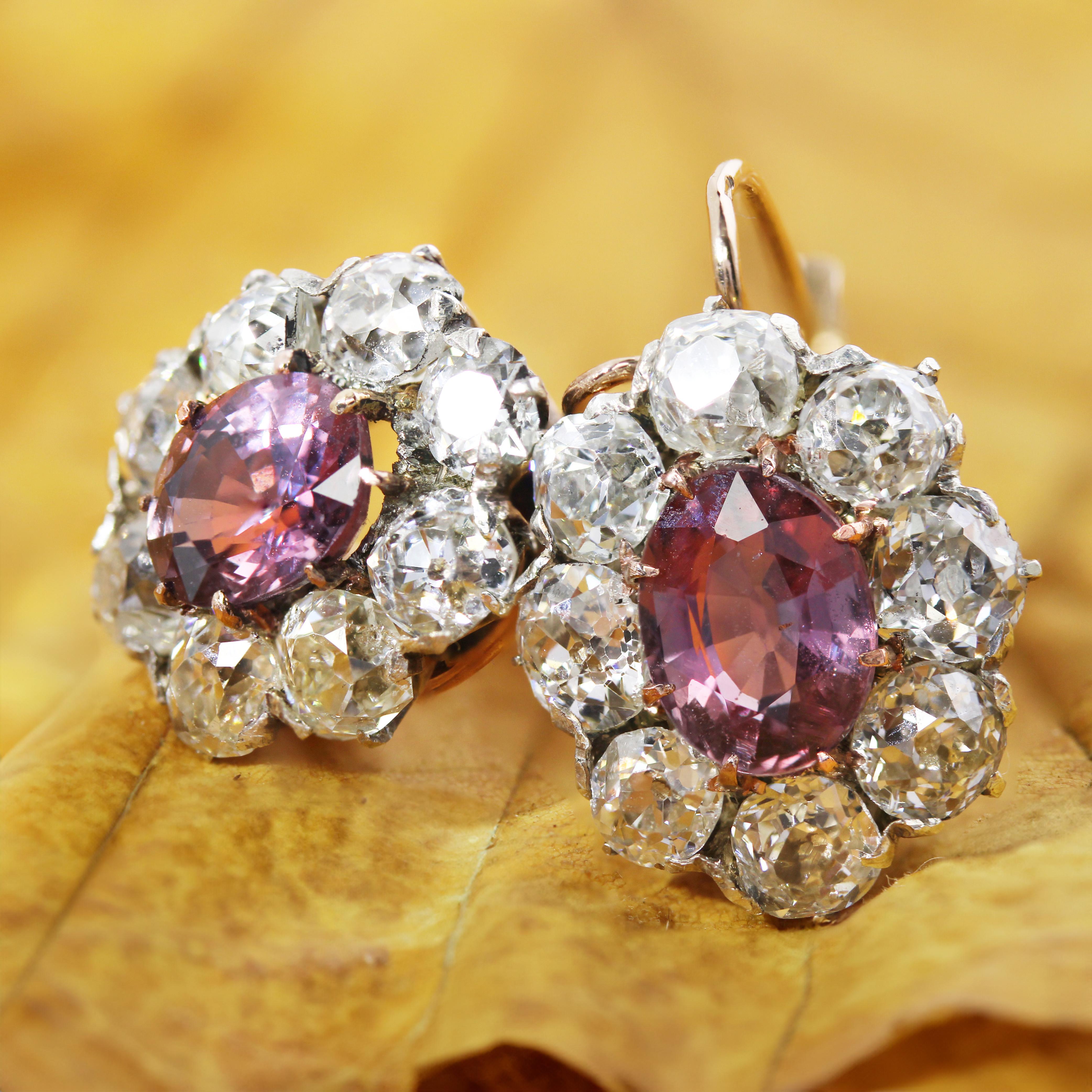 Napoleon III French 19th Century Pink Sapphires Diamonds 18 Karat Rose Gold Daisy Earrings