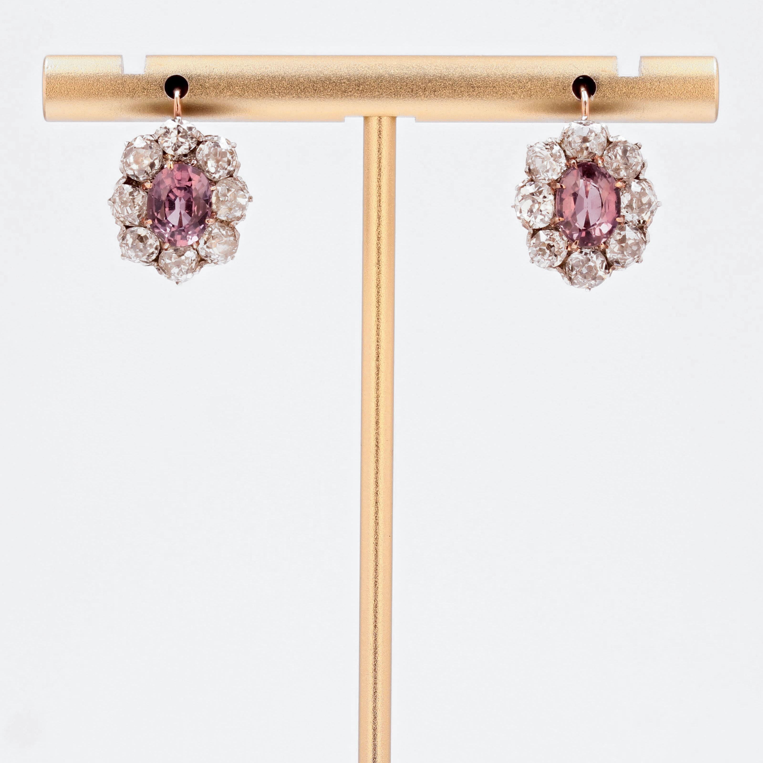 Oval Cut French 19th Century Pink Sapphires Diamonds 18 Karat Rose Gold Daisy Earrings