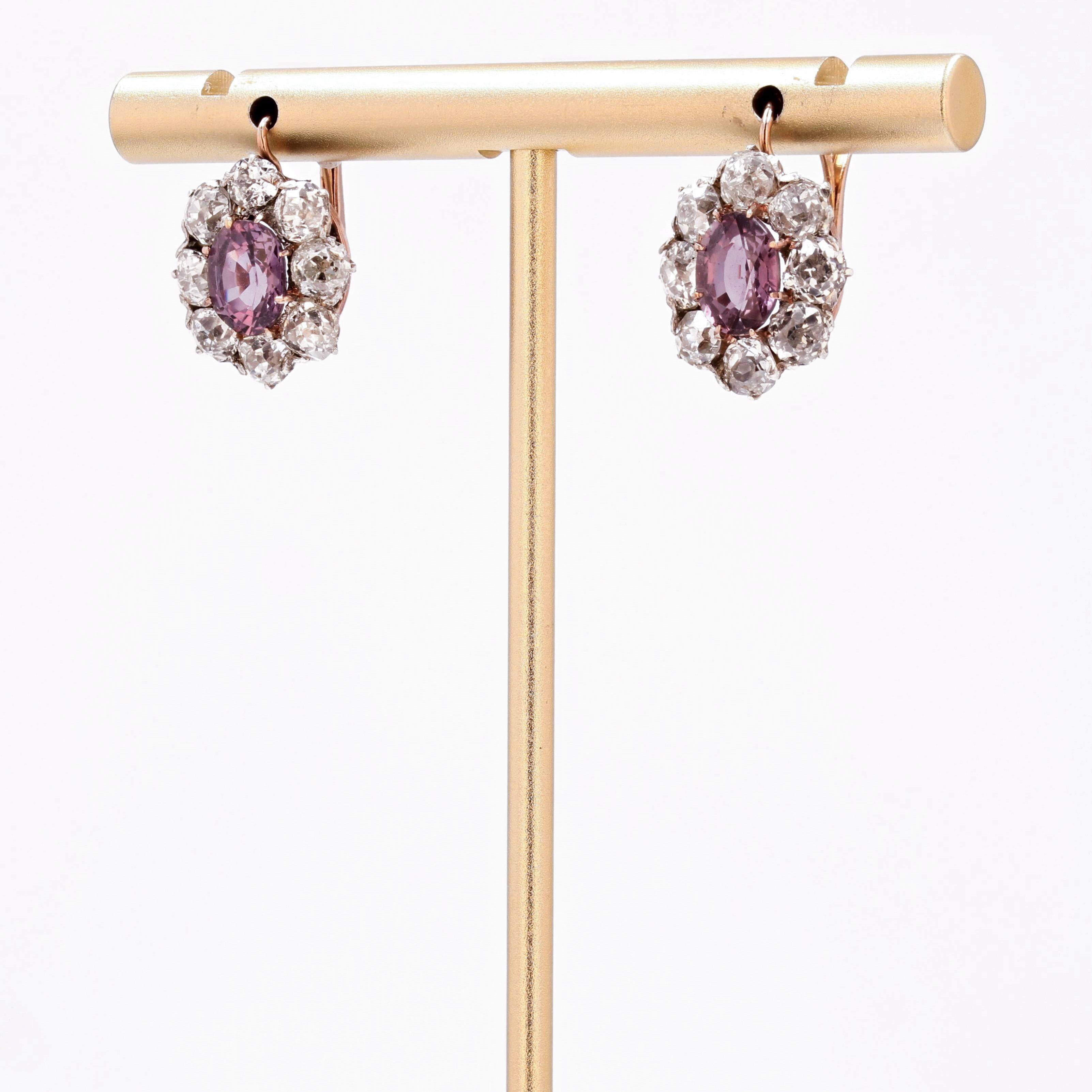 French 19th Century Pink Sapphires Diamonds 18 Karat Rose Gold Daisy Earrings In Good Condition In Poitiers, FR
